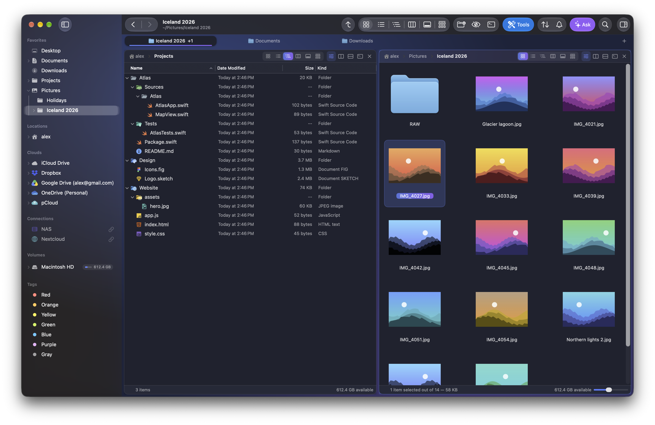 The Folia Files window: the tree of a projects folder next to a folder of photos