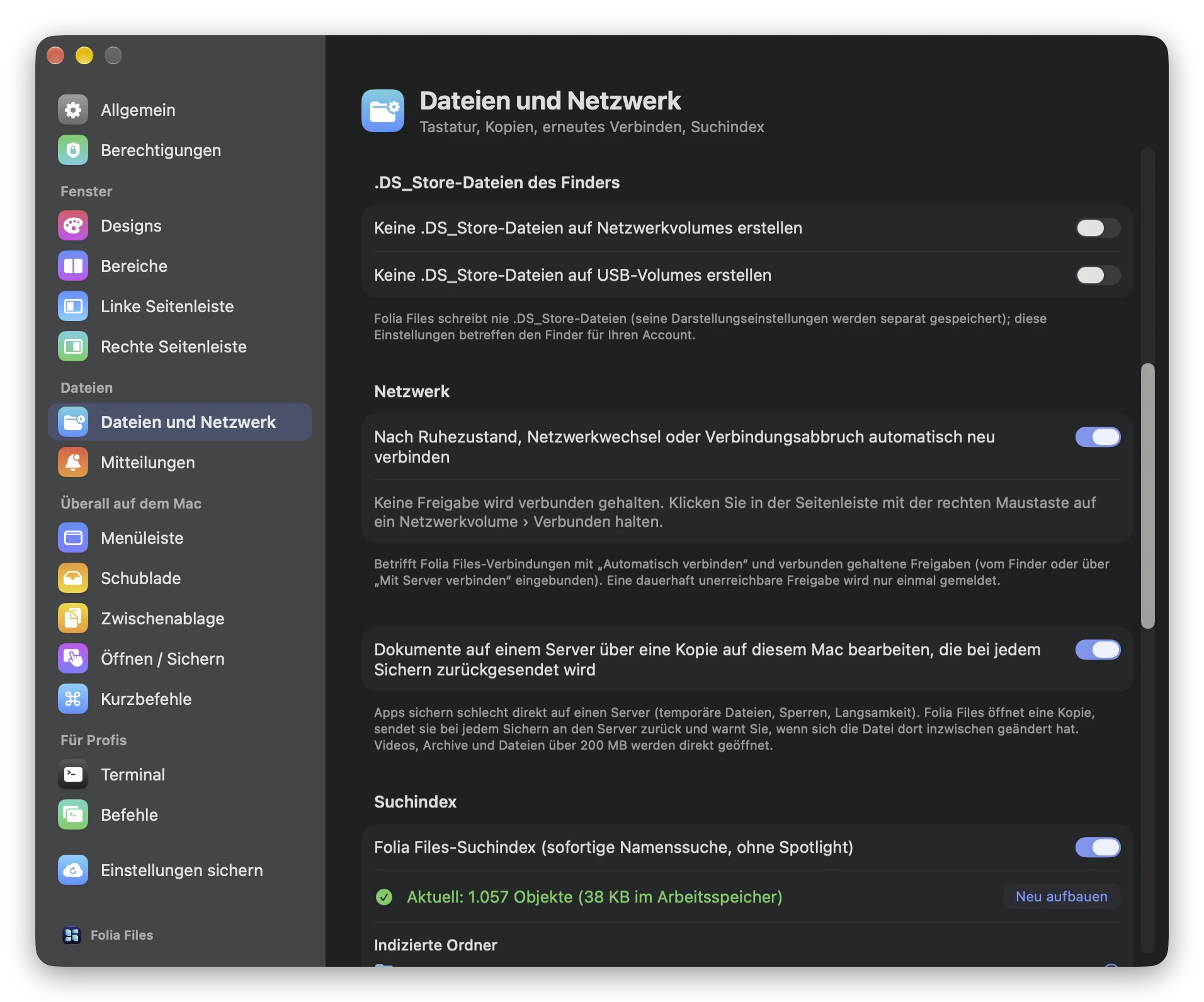 Einstellungen › Dateien und Netzwerk: .DS_Store-Dateien des Finders und automatische Wiederverbindung