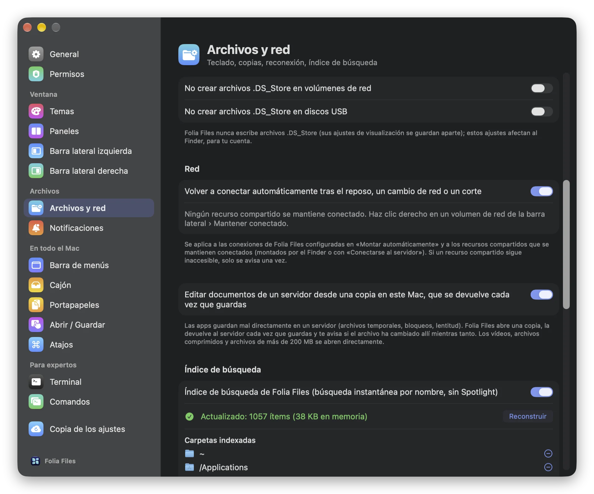 Ajustes › Archivos y red: los .DS_Store del Finder y la reconexión automática