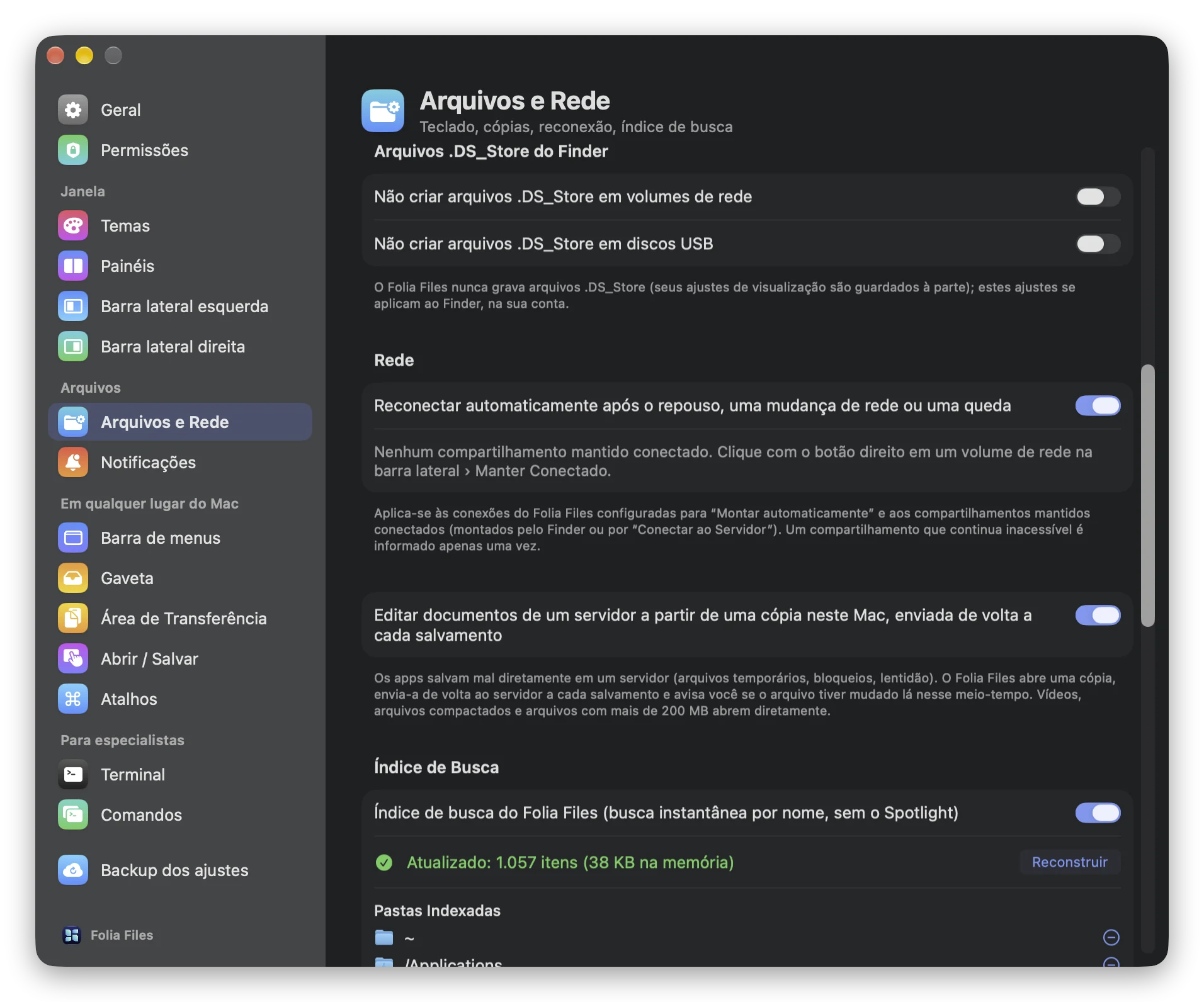 Ajustes › Arquivos e Rede: os .DS_Store do Finder e a reconexão automática