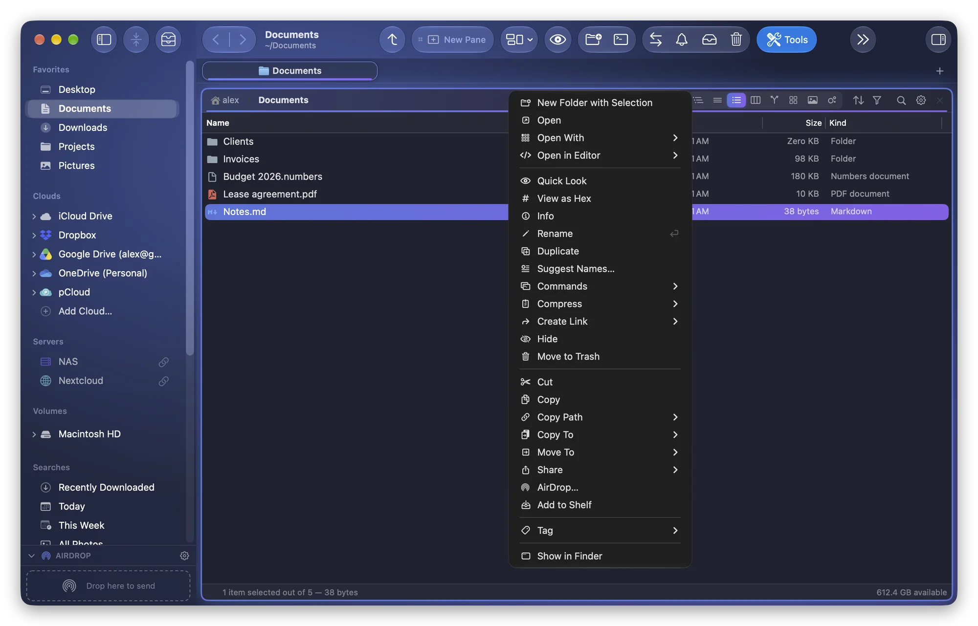Folia Files: the original context menu of a Markdown file in Documents, from New Folder with Selection down to Show in Finder