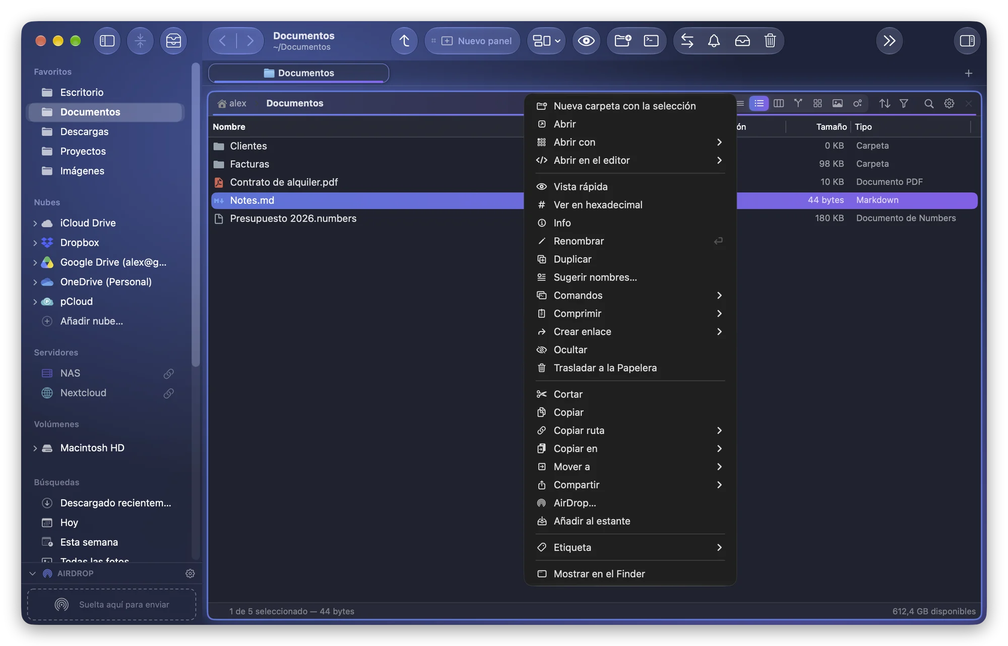 Folia Files: el menú contextual original de un archivo Markdown en Documentos, desde Nueva carpeta con la selección hasta Mostrar en el Finder