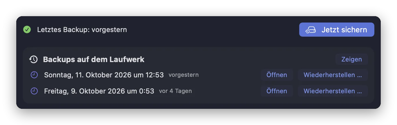 Das Werkzeug „Backups“ in Folia Files: wann das letzte Backup lief, die Taste „Jetzt sichern“ und zwei datierte Backups auf dem Laufwerk, jeweils mit „Öffnen“ und „Wiederherstellen“