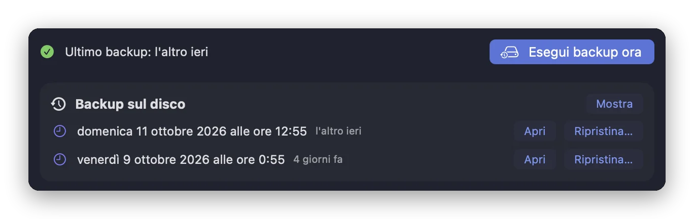 Lo strumento Backup di Folia Files: quando è stato fatto l'ultimo backup, il pulsante Esegui backup ora e due backup datati sul disco, ciascuno con i pulsanti Apri e Ripristina