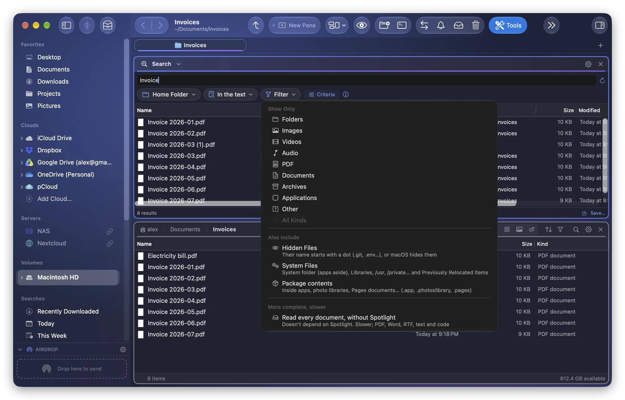 The search's filter menu open: kinds to show, files to include, and Read every document, without Spotlight
