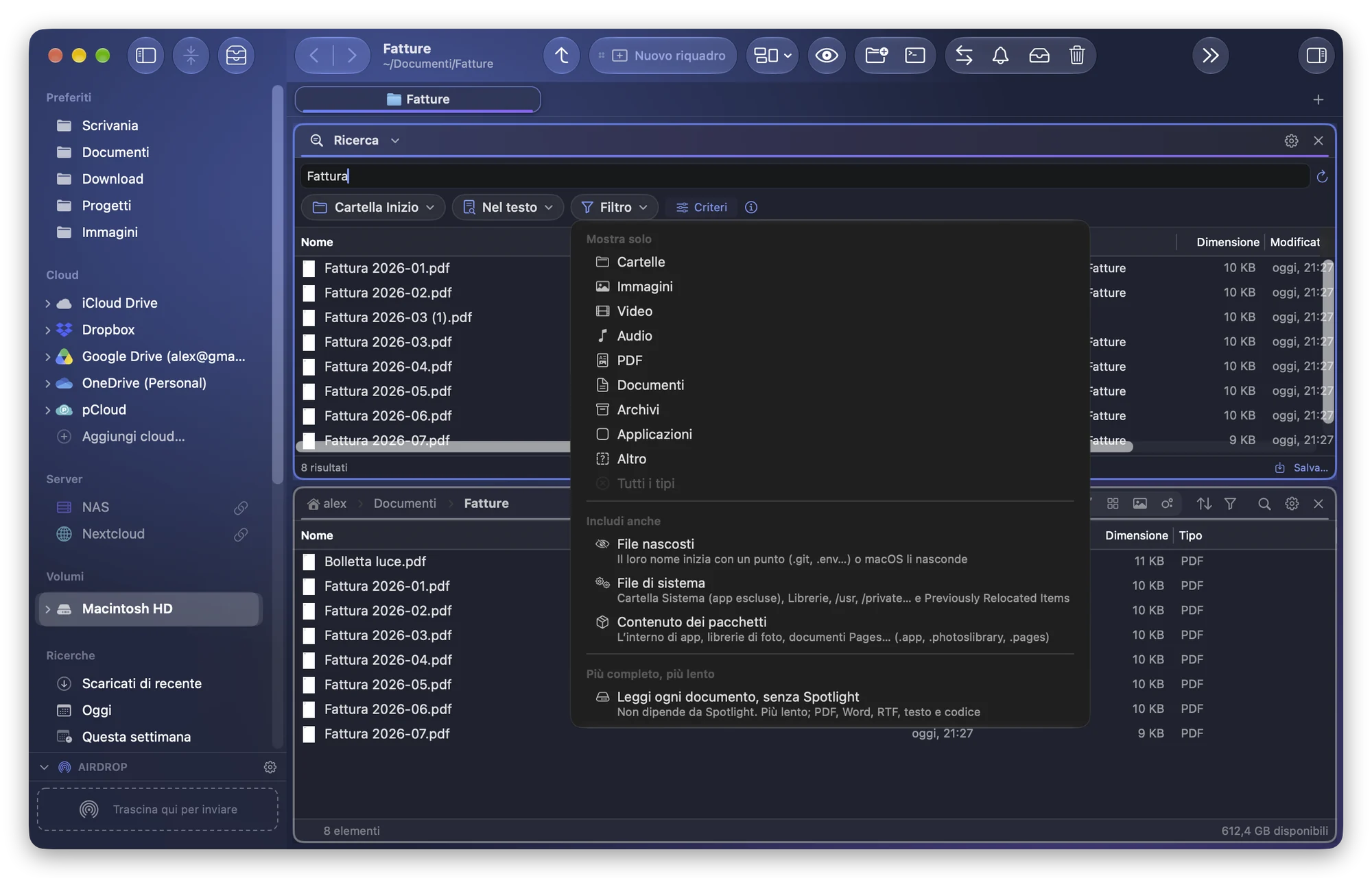 Il menu del filtro della ricerca aperto: i tipi da mostrare, i file da includere e Leggi ogni documento, senza Spotlight