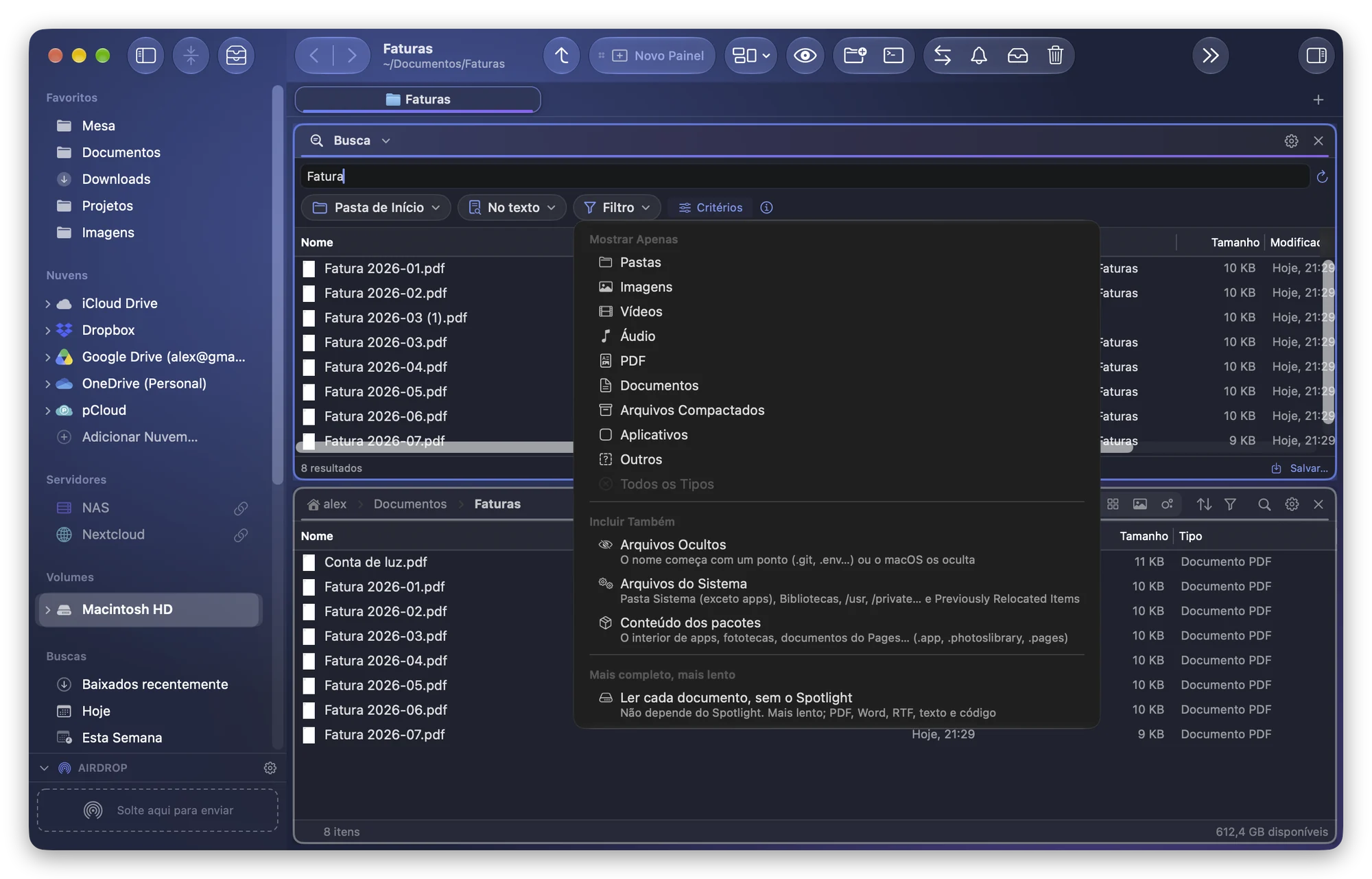 O menu do filtro da busca aberto: os tipos a mostrar, os arquivos a incluir e Ler cada documento, sem o Spotlight