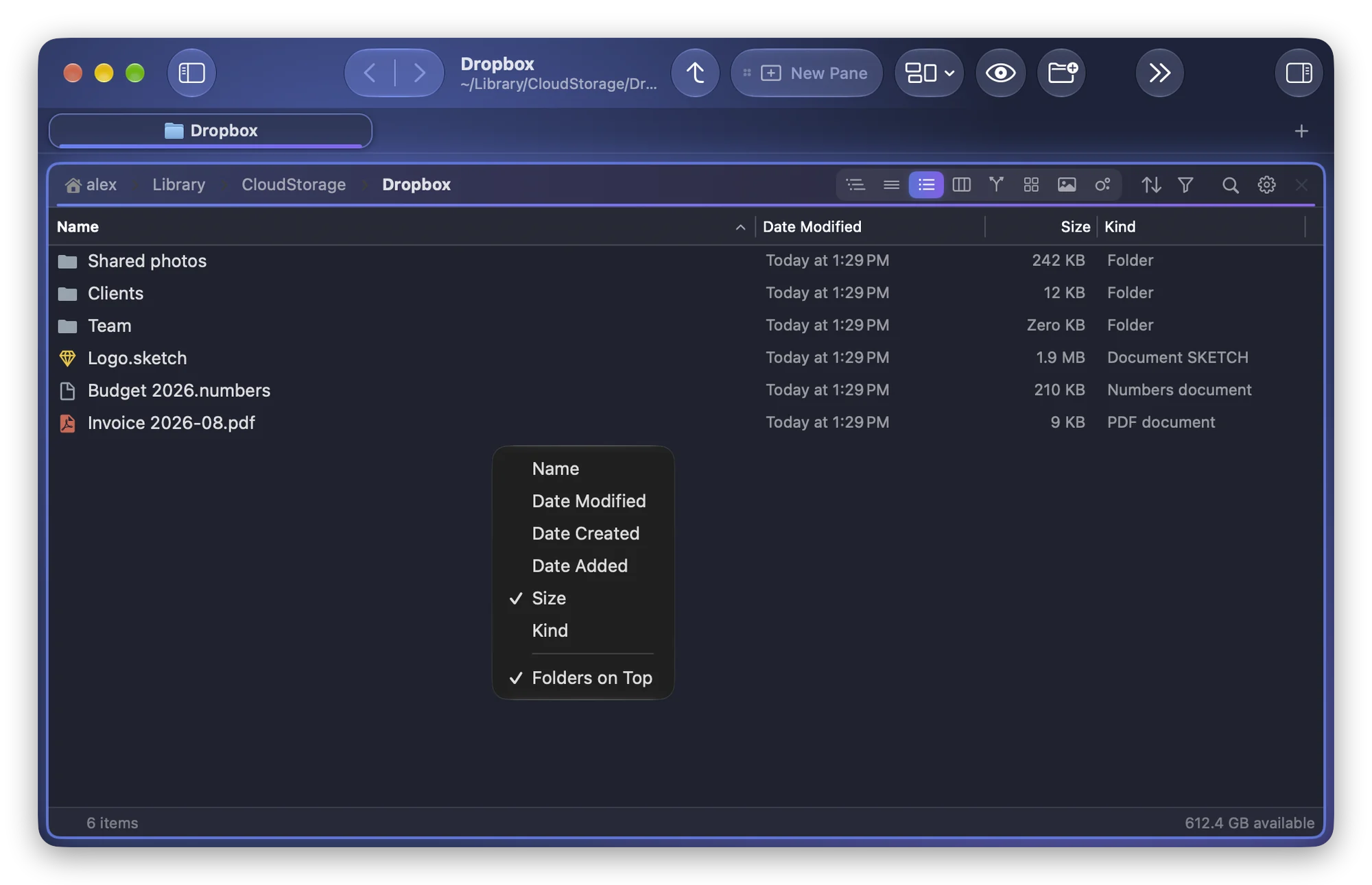 The Sort By menu of a folder in Folia Files, with Size and Folders on Top checked, over Dropbox sorted by size, its folders first