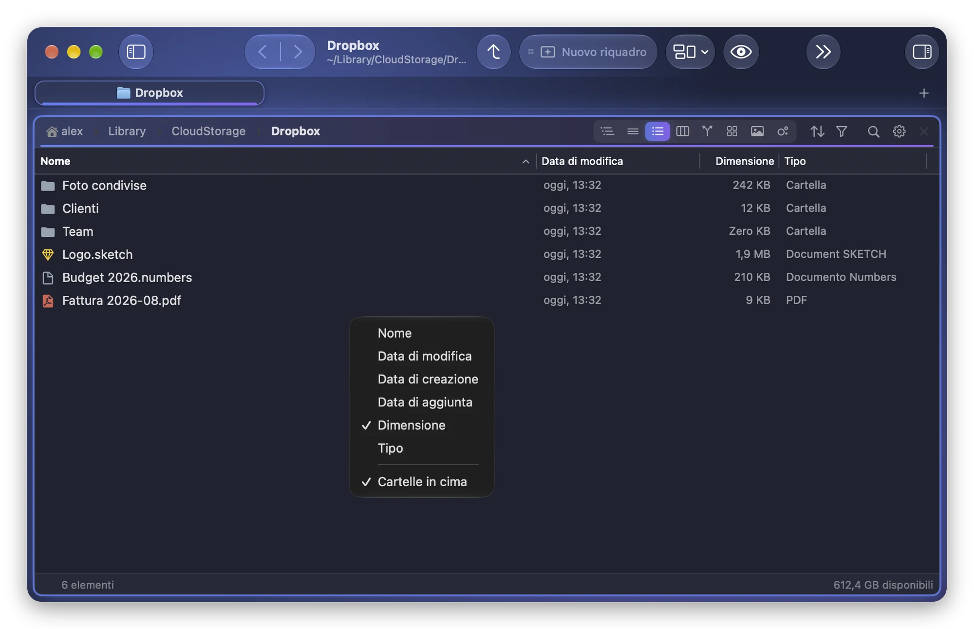 Il menu Ordina per di una cartella in Folia Files, con Dimensione e Cartelle in cima spuntate, sopra Dropbox ordinato per dimensione, con le cartelle in cima