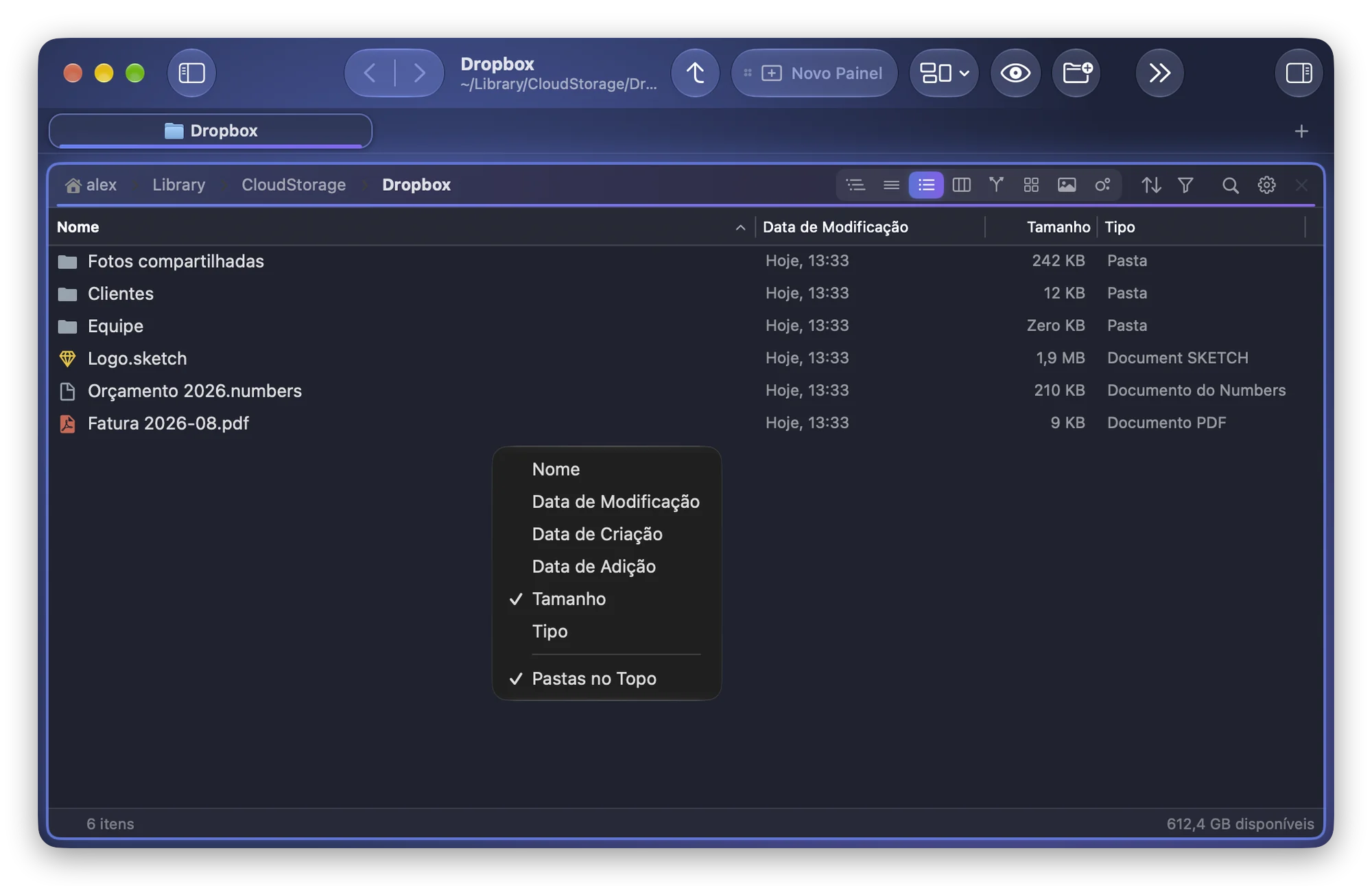 O menu Ordenar Por de uma pasta no Folia Files, com Tamanho e Pastas no Topo marcados, sobre o Dropbox ordenado por tamanho, com as pastas no topo