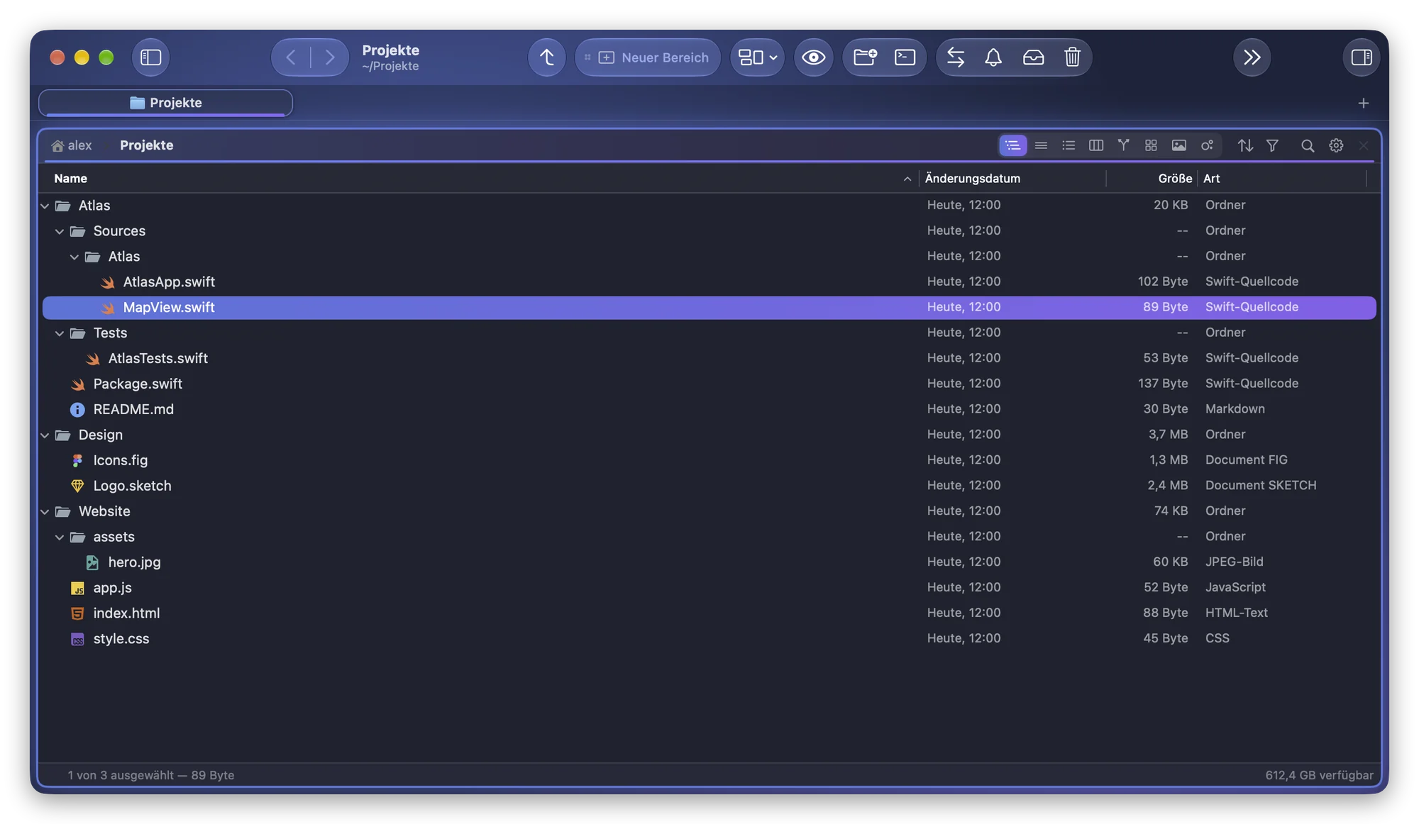 Folia Files, der Ordner „Projekte“ in der Baumstruktur: In Atlas stehen die Ordner Sources und Tests vor Package.swift und README.md, in Website steht der Ordner assets vor app.js
