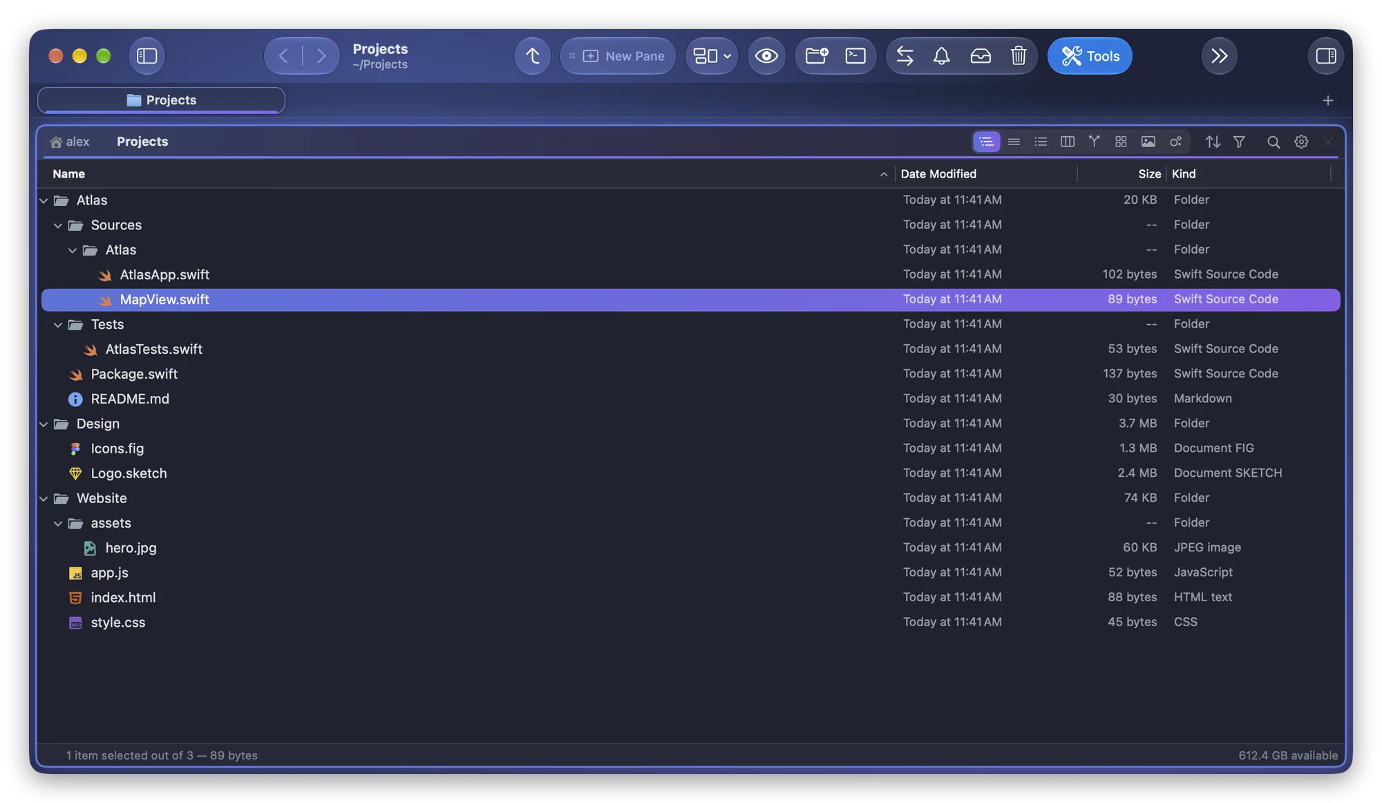 Folia Files, the Projects folder in Tree view: inside Atlas, the Sources and Tests folders come before Package.swift and README.md; inside Website, the assets folder comes before app.js