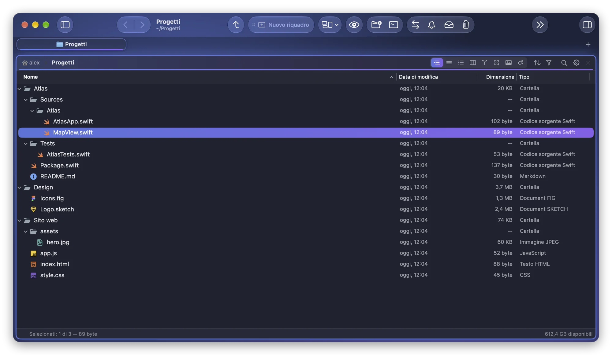 Folia Files, la cartella Progetti nella vista ad albero: dentro Atlas, le cartelle Sources e Tests vengono prima di Package.swift e README.md; dentro Sito web, la cartella assets viene prima di app.js