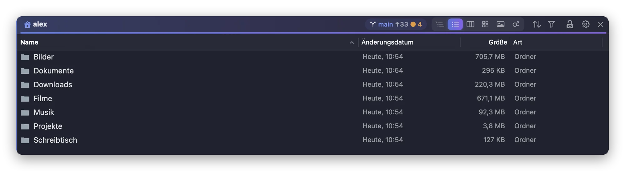 Ein Bereich von Folia Files in der Listendarstellung, die Größe jedes Ordners ist bereits berechnet