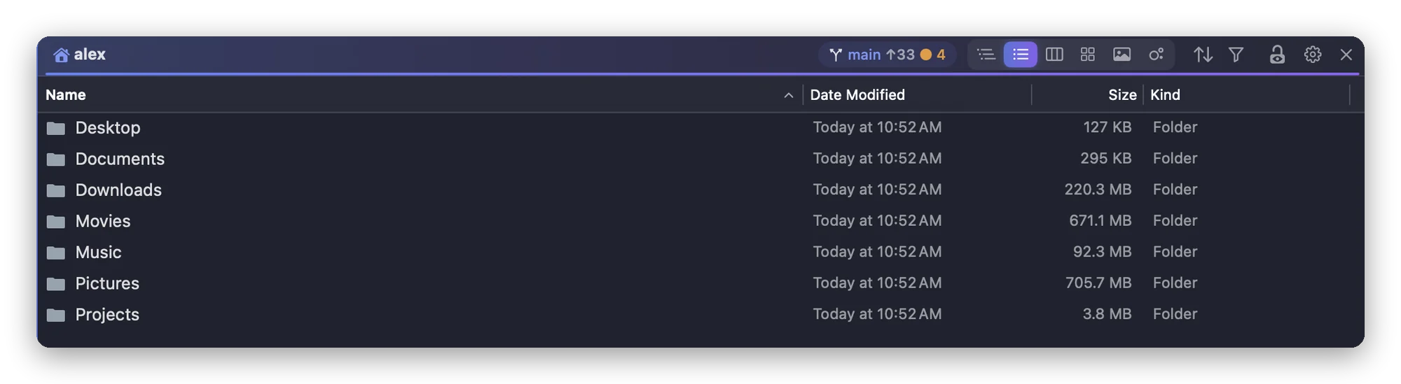 A Folia Files pane in list view with the size of each folder already calculated
