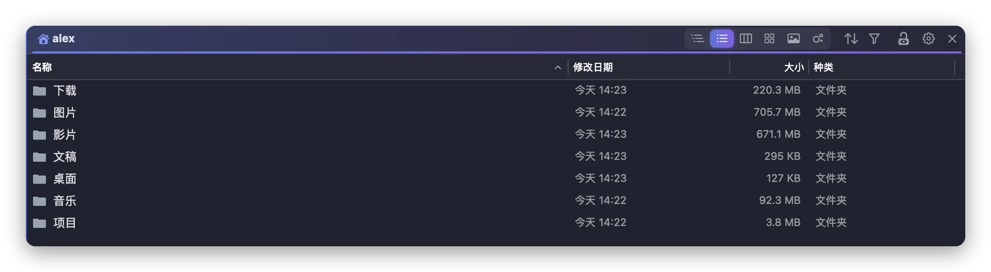 列表显示的 Folia Files 面板，每个文件夹的大小都已计算好