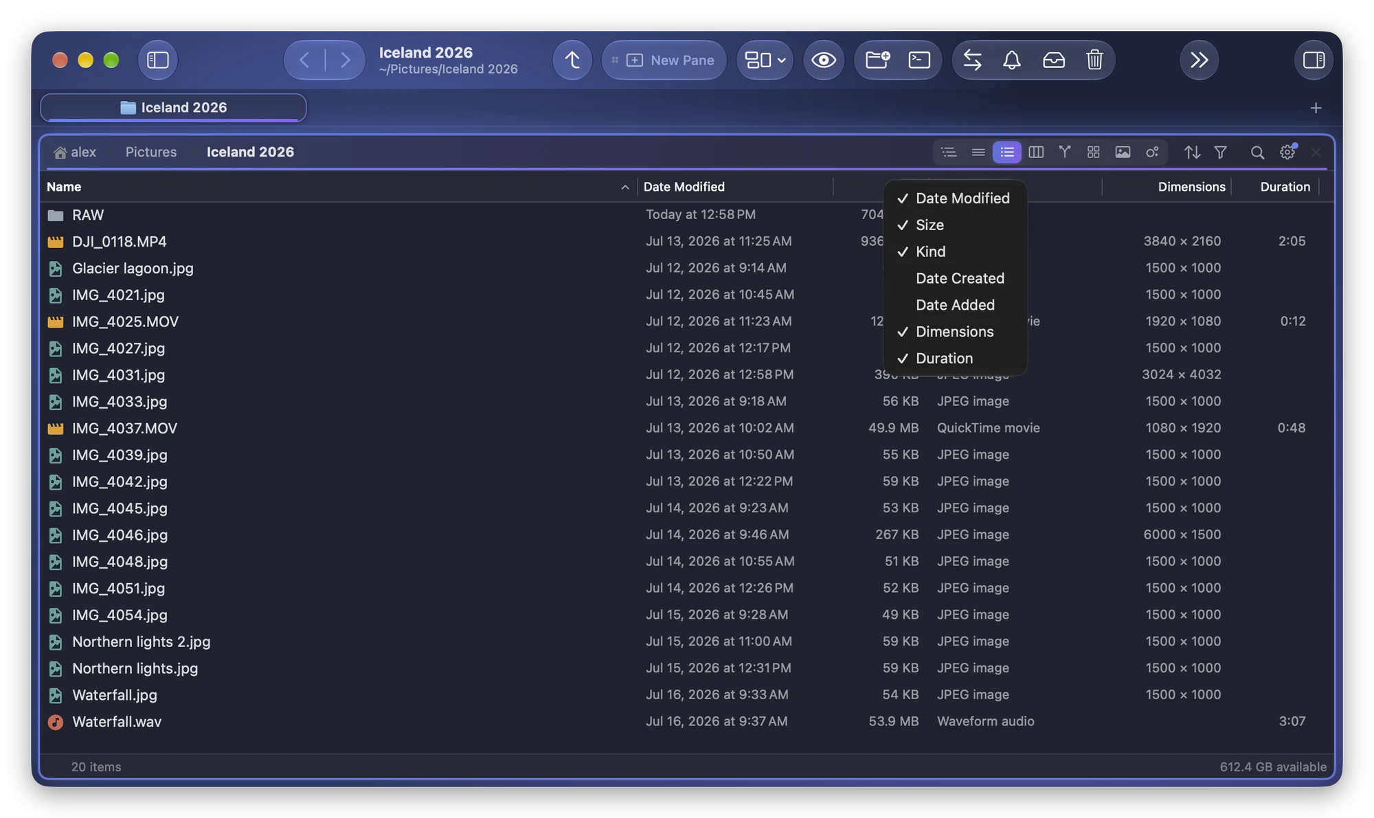 The column titles' menu in Folia Files' Detailed List, open over the Iceland 2026 photos: Date Modified, Size, Kind, Date Created, Date Added, Dimensions and Duration, with a checkmark beside each column on screen, Dimensions and Duration included