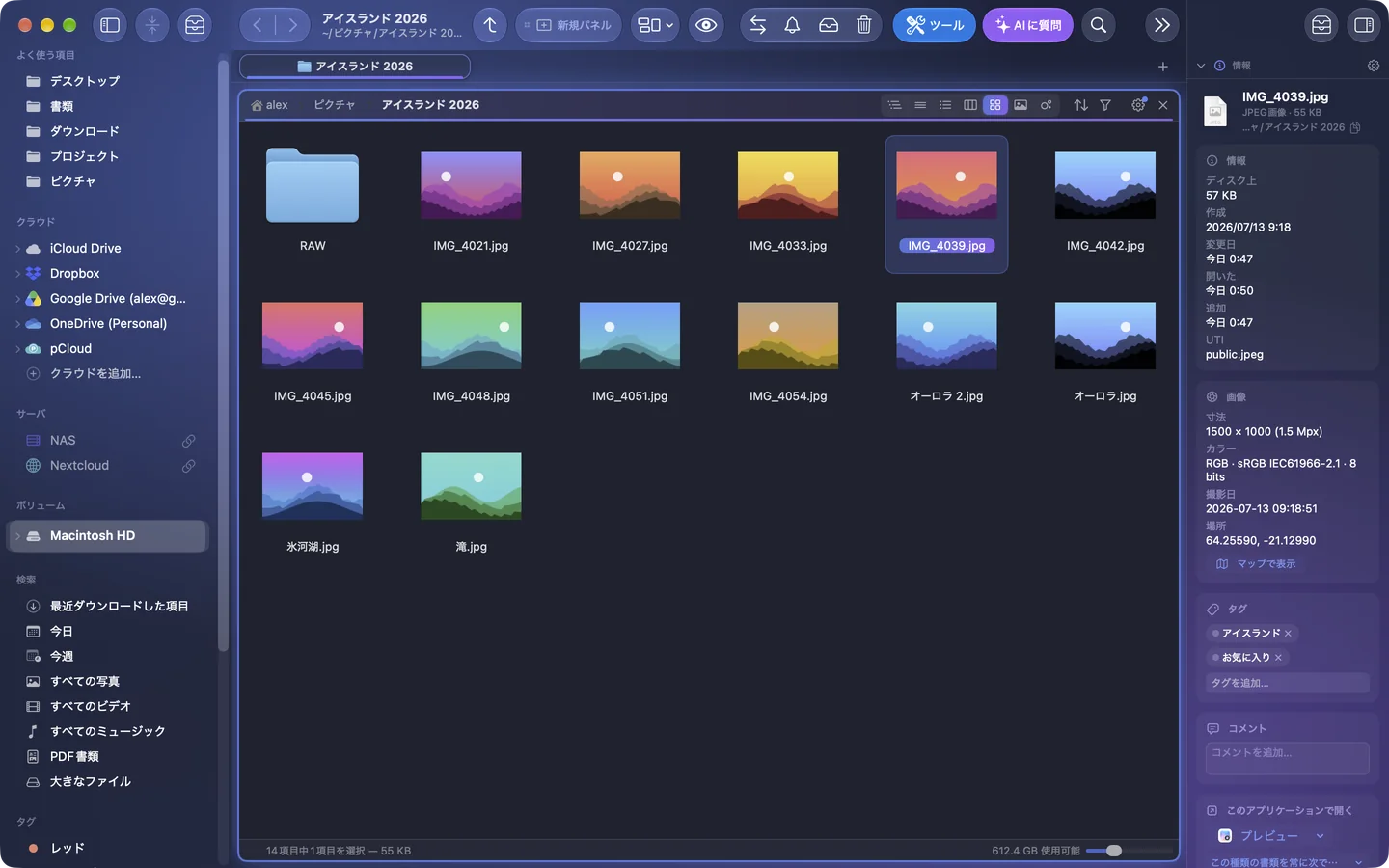 右サイドバーに「情報」モジュールを表示したFolia Files。IMG_4039.jpgを選択し、「画像」の欄に寸法1500 × 1000 (1.5 Mpx)、カラー、撮影日、場所が表示されている