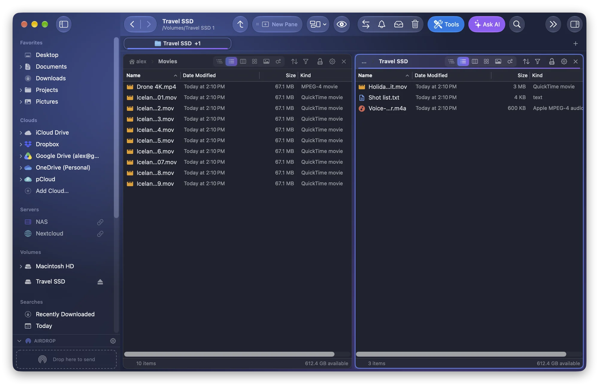 Two panes in Folia Files: the Movies folder on the left, an external disk on the right, ready for a big copy