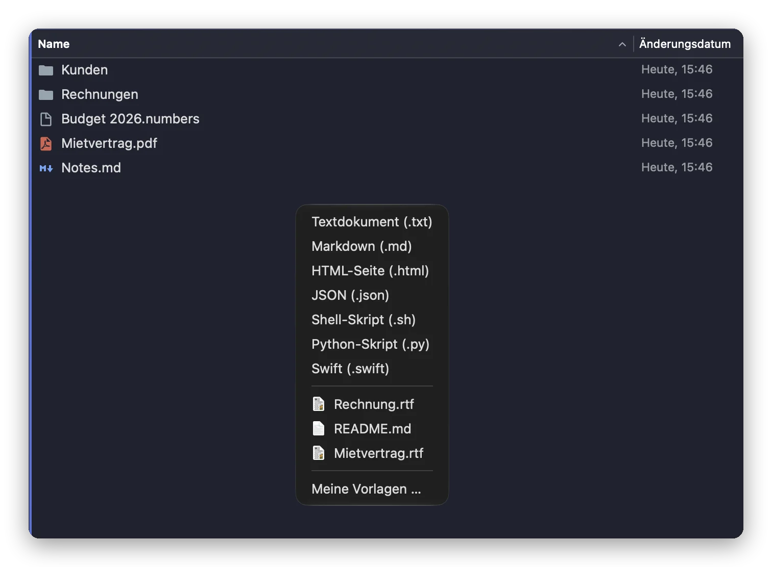 Das Untermenü „Neue Datei“ von Folia Files: Text-, Markdown-, HTML-, JSON-, Shell-, Python- und Swift-Dateien, dann drei eigene Vorlagen und „Meine Vorlagen …“