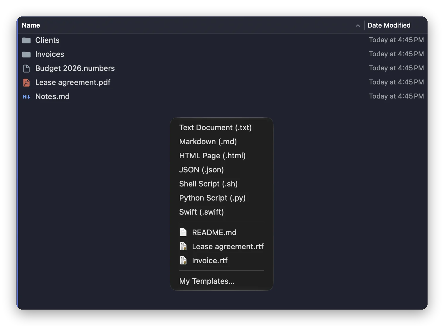 The New File submenu of Folia Files: text, Markdown, HTML, JSON, shell, Python and Swift files, then three templates of the user's own and My Templates…