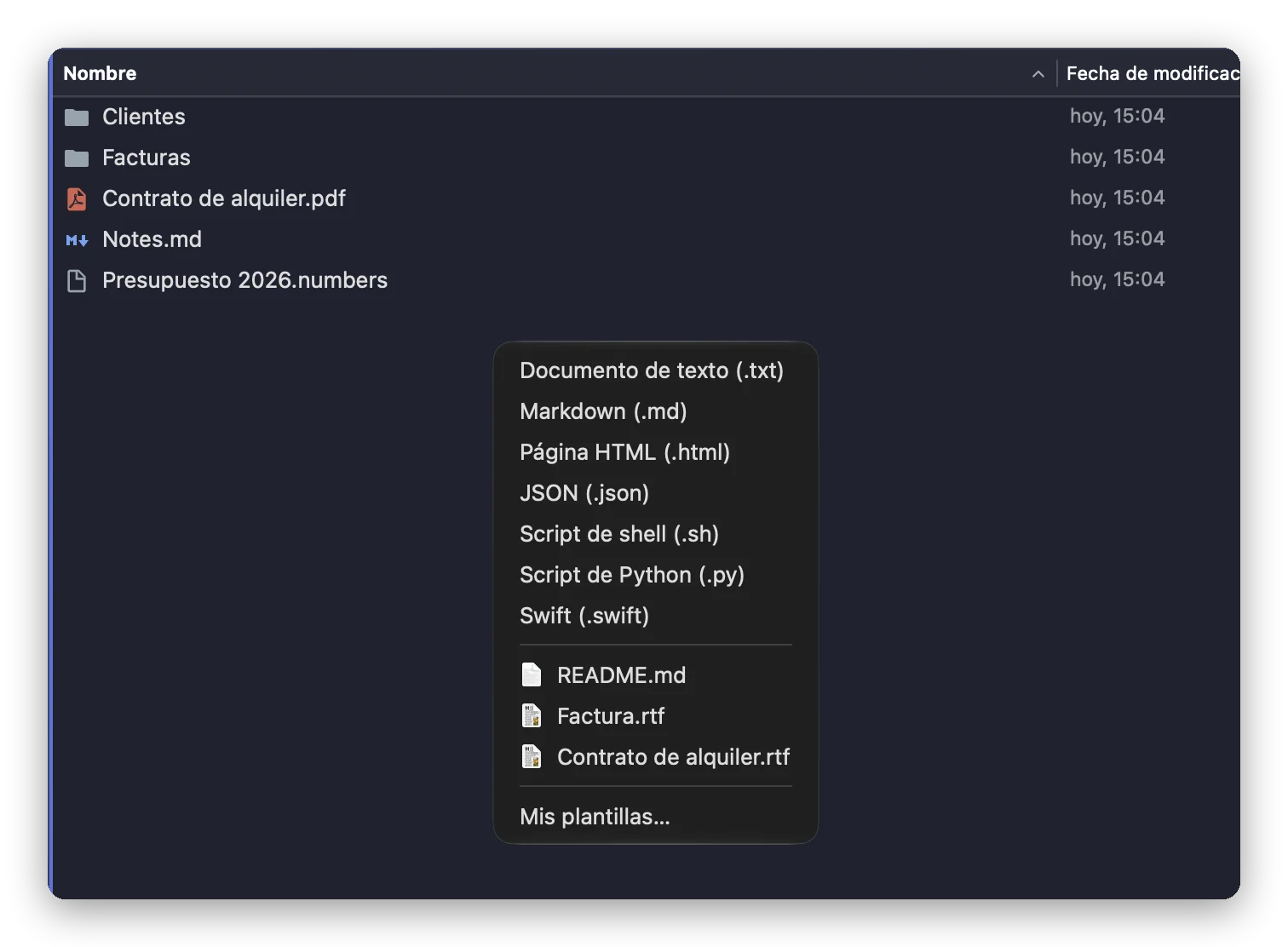 El submenú Nuevo archivo de Folia Files: archivos de texto, Markdown, HTML, JSON, shell, Python y Swift, después tres plantillas propias del usuario y Mis plantillas…