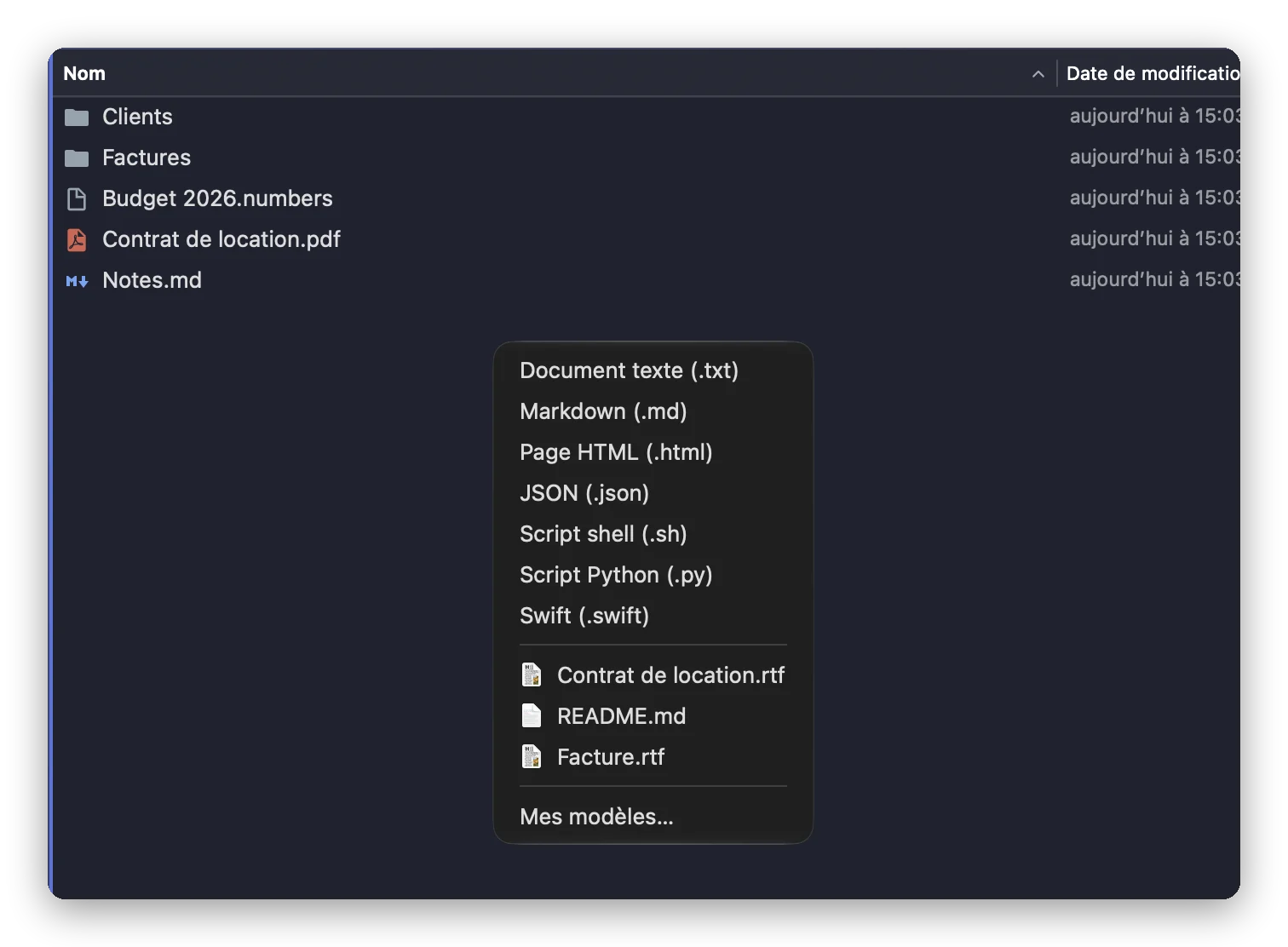 Le sous-menu Nouveau fichier de Folia Files : fichiers texte, Markdown, HTML, JSON, shell, Python et Swift, puis trois modèles de l’utilisateur et Mes modèles…