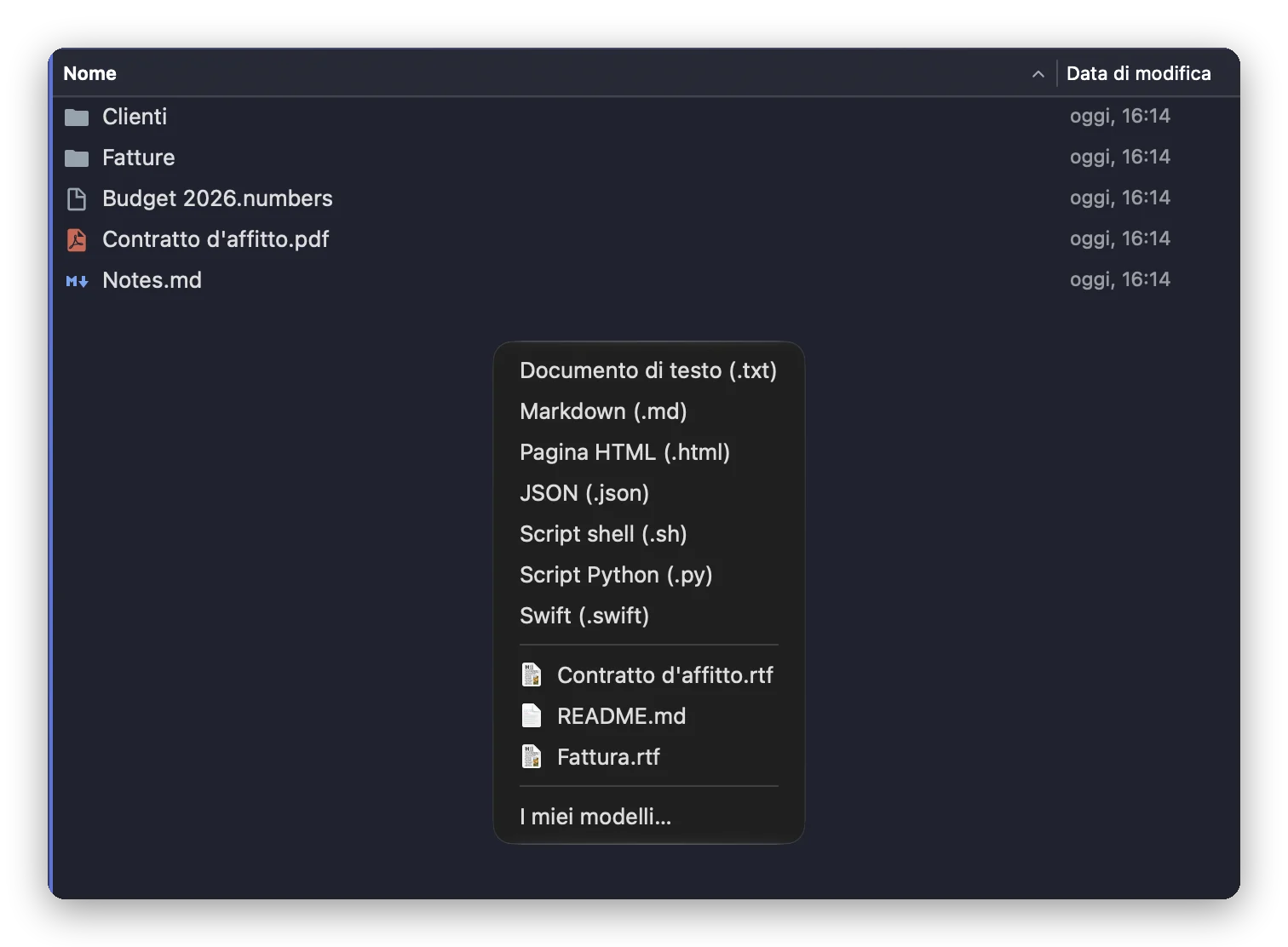 Il sottomenu Nuovo file di Folia Files: file di testo, Markdown, HTML, JSON, shell, Python e Swift, poi tre modelli dell’utente e I miei modelli…