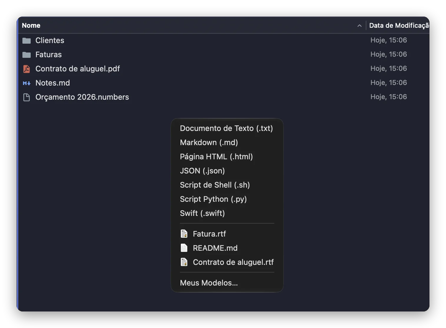 O submenu Novo Arquivo do Folia Files: arquivos de texto, Markdown, HTML, JSON, shell, Python e Swift, depois três modelos do próprio usuário e Meus Modelos…