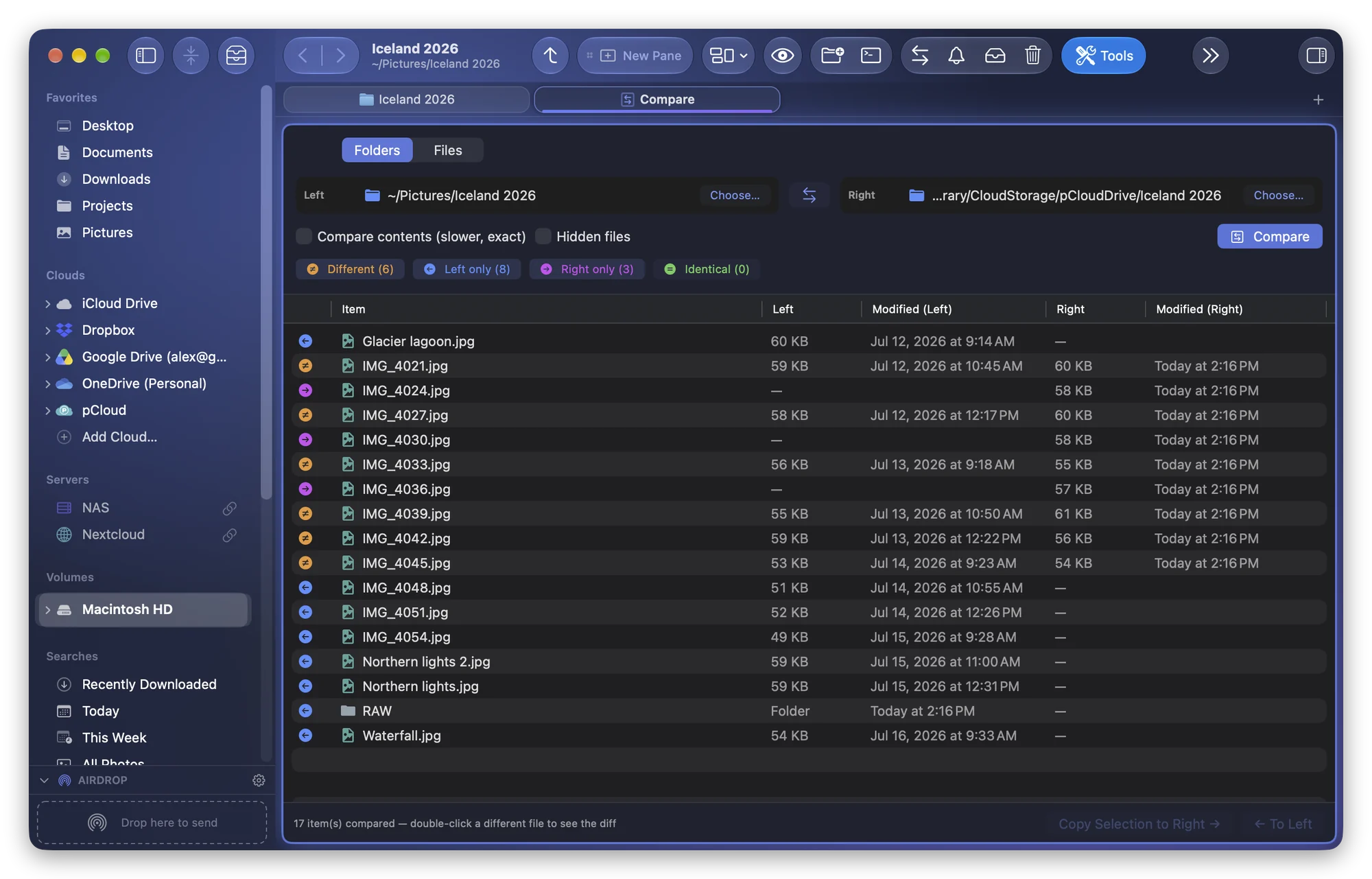 Folia Files' Compare tool on the trip folder and its copy in pCloud: photos only on the left, only on the right, and different on each side