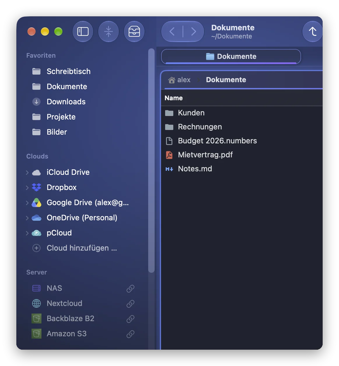 Zwei S3-Verbindungen, Backblaze B2 und Amazon S3, im Abschnitt „Server“ der Seitenleiste von Folia Files, neben einer Liste von Dokumenten