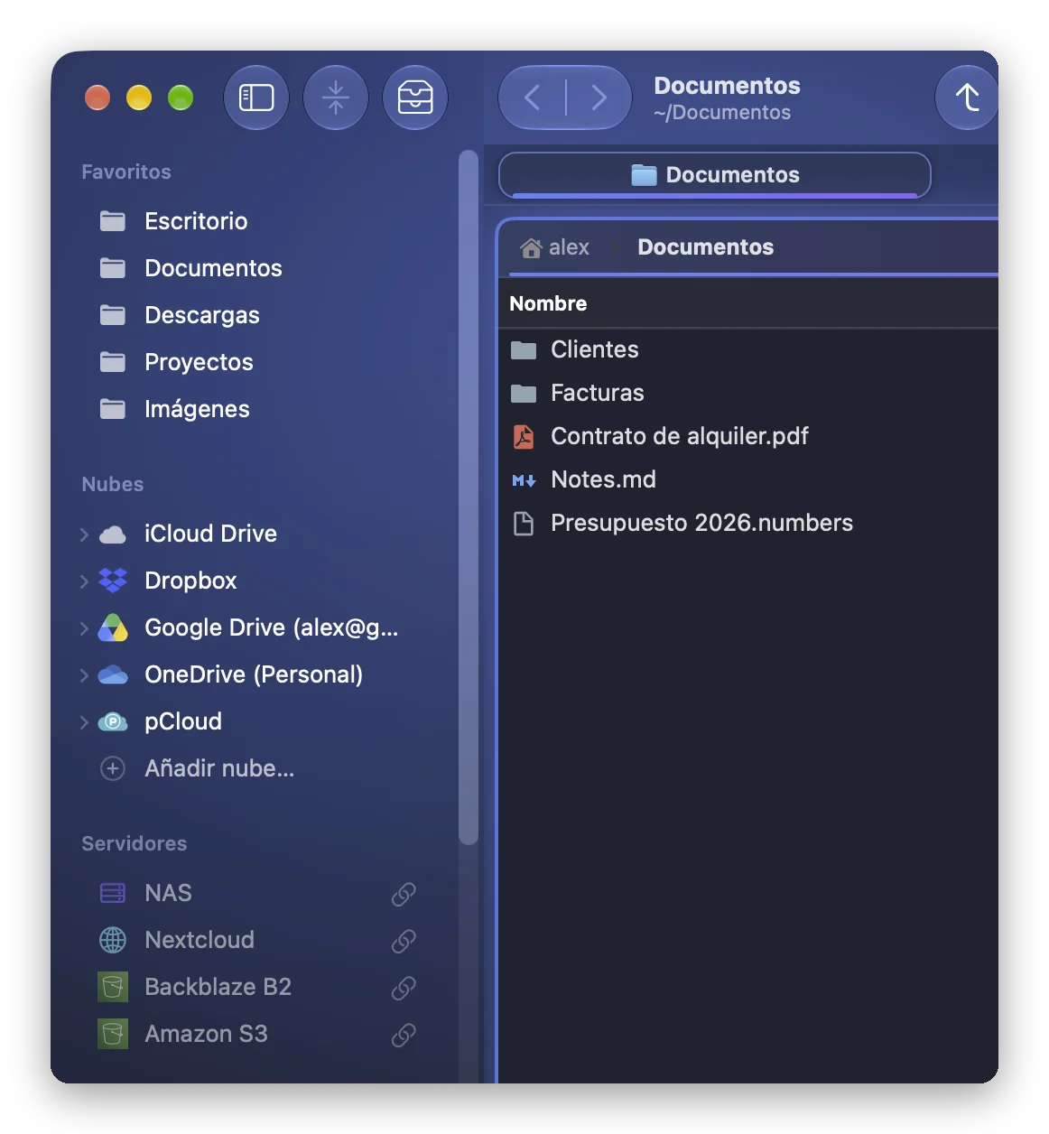 Dos conexiones S3, Backblaze B2 y Amazon S3, en la sección Servidores de la barra lateral de Folia Files, junto a una lista de documentos