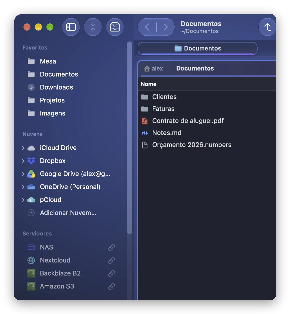 Duas conexões S3, Backblaze B2 e Amazon S3, na seção Servidores da barra lateral do Folia Files, ao lado de uma lista de documentos
