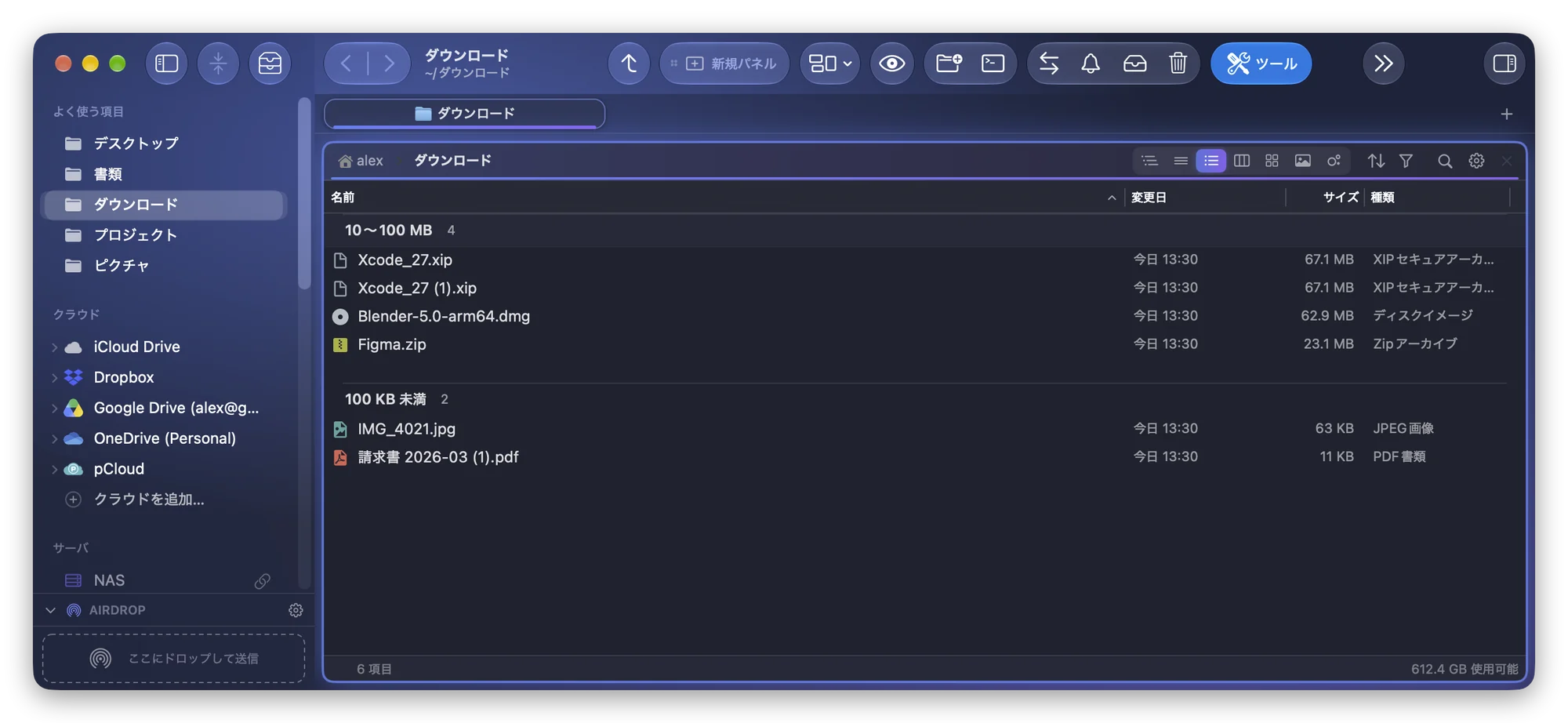サイズでグループ分けし、サイズ順に並べたFolia Filesの「ダウンロード」。2つのXcodeアーカイブ、Blender、Figmaが「10〜100 MB」に、写真とPDFが「100 KB 未満」に入っている