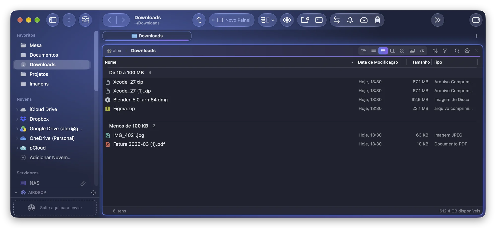 Downloads no Folia Files agrupado por tamanho e ordenado por tamanho: os dois arquivos do Xcode, o Blender e o Figma em “De 10 a 100 MB”, uma foto e um PDF em “Menos de 100 KB”