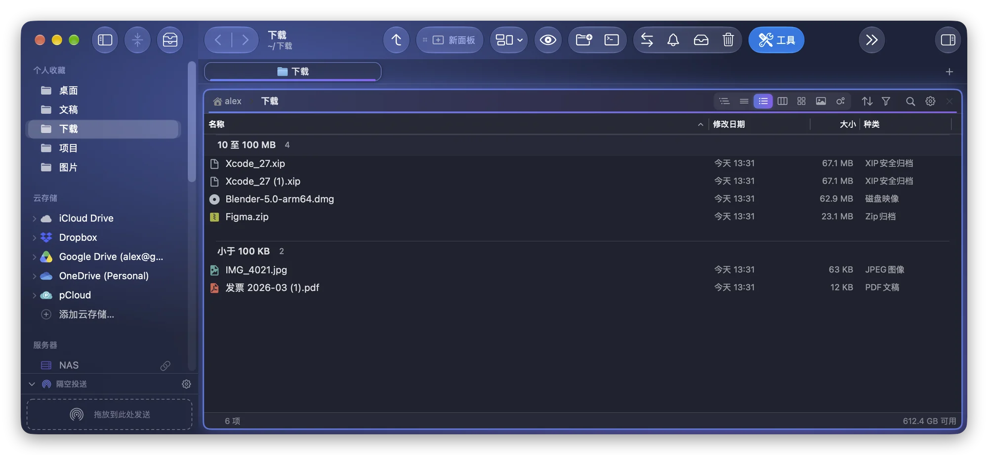 Folia Files 中按大小分组并按大小排序的“下载”：两个 Xcode 归档、Blender 和 Figma 在“10 至 100 MB”下，一张照片和一个 PDF 在“小于 100 KB”下