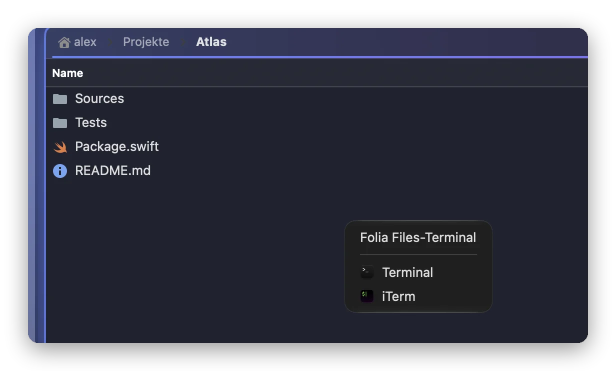 Das Untermenü „Im Terminal öffnen“ eines Ordners in Folia Files: zuerst Folia Files-Terminal, dann die auf dem Mac installierten Terminal-Apps