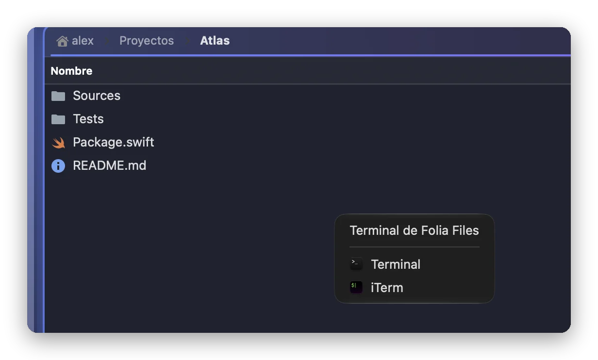 El submenú «Abrir en Terminal» de una carpeta en Folia Files: primero Terminal de Folia Files y después las apps de terminal instaladas en el Mac