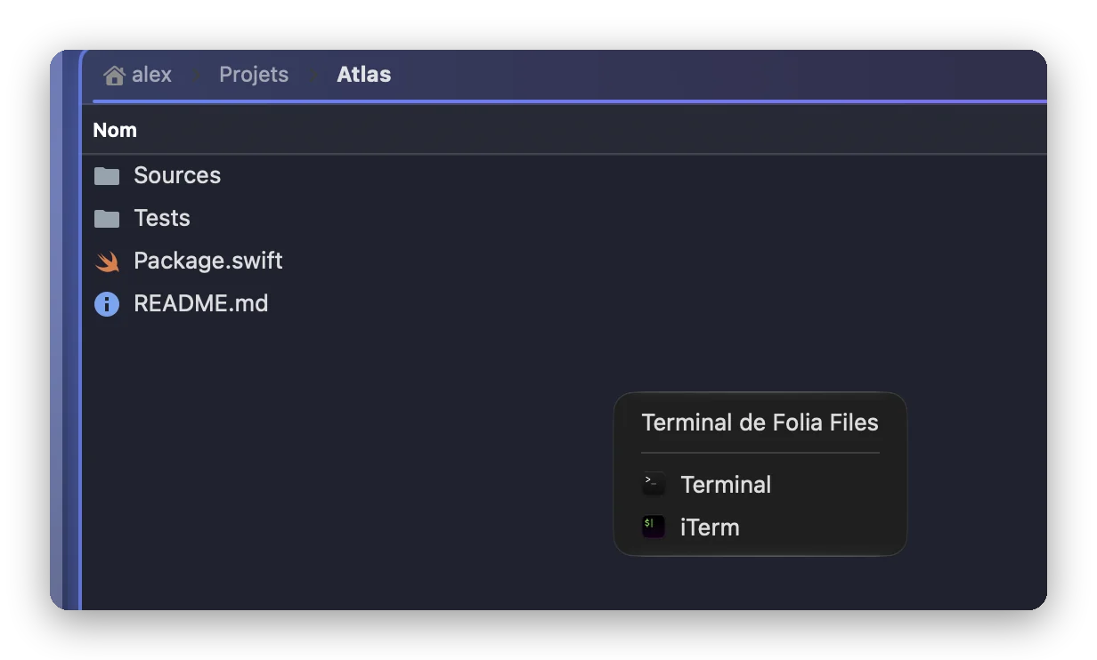Le sous-menu « Ouvrir dans un terminal » d’un dossier dans Folia Files : Terminal de Folia Files d’abord, puis les apps de terminal installées sur le Mac