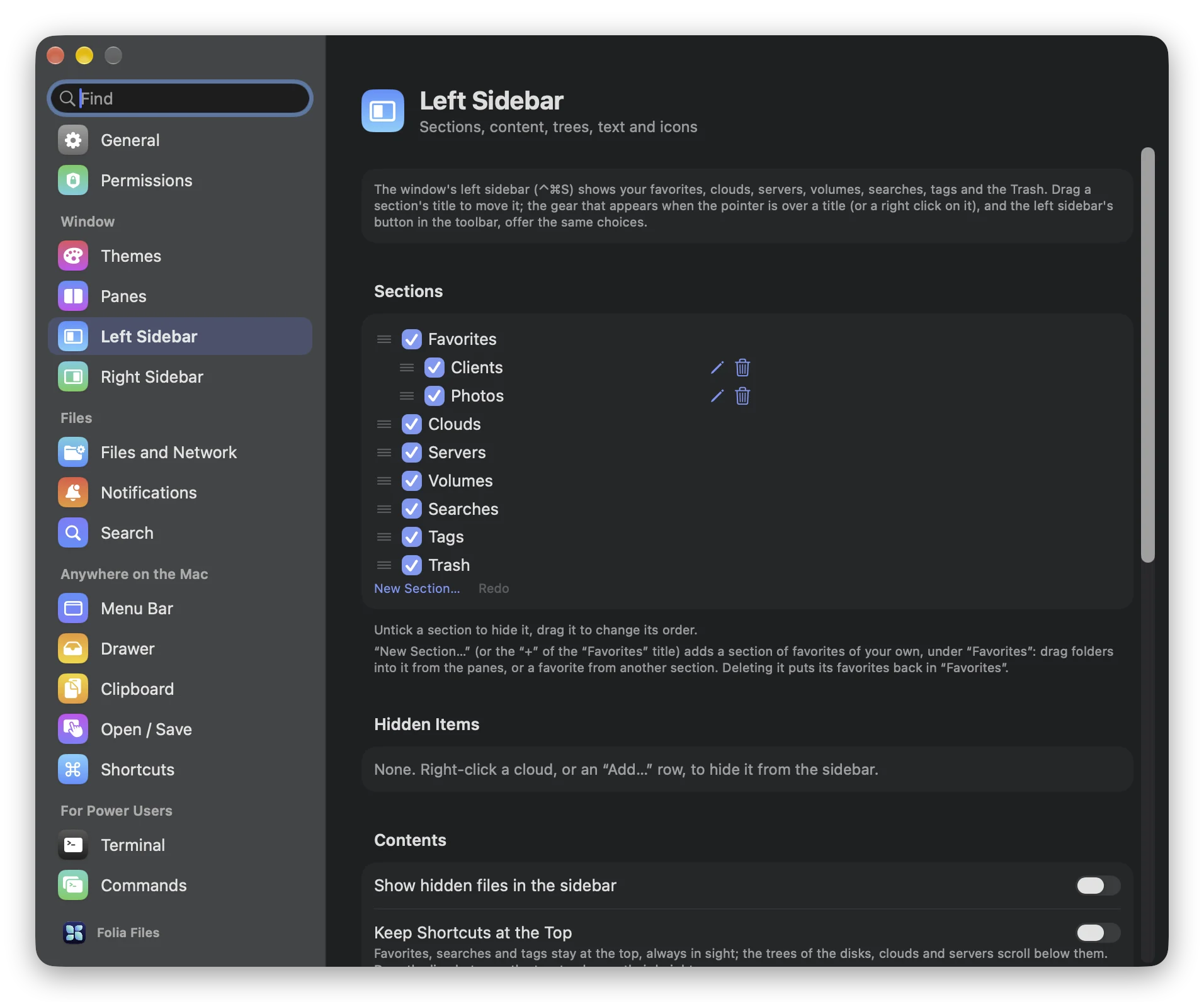 Settings › Left Sidebar in Folia Files: the list of sections, with Clients and Photos indented under Favorites