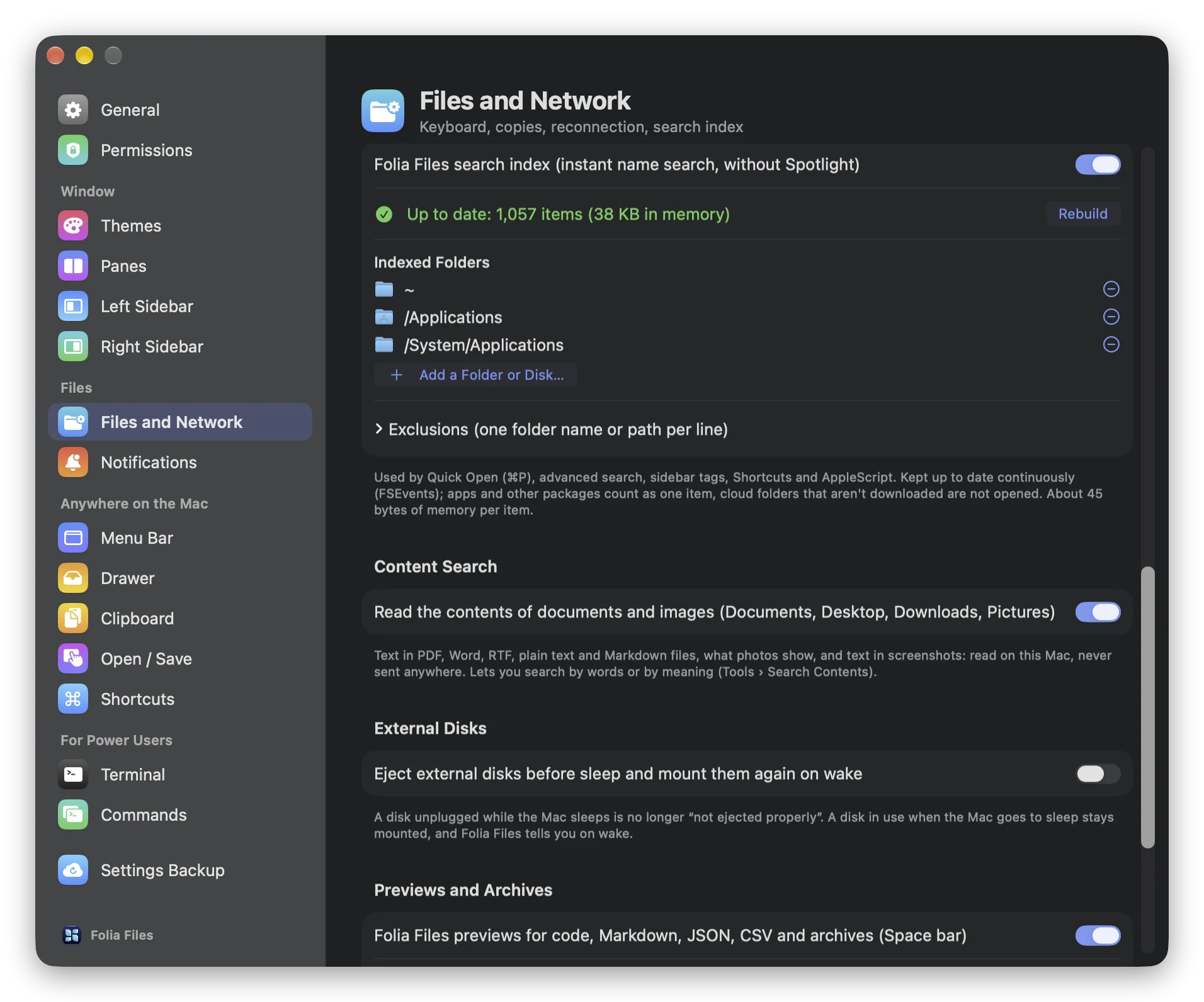 The Content Search setting in Settings › Files and Network