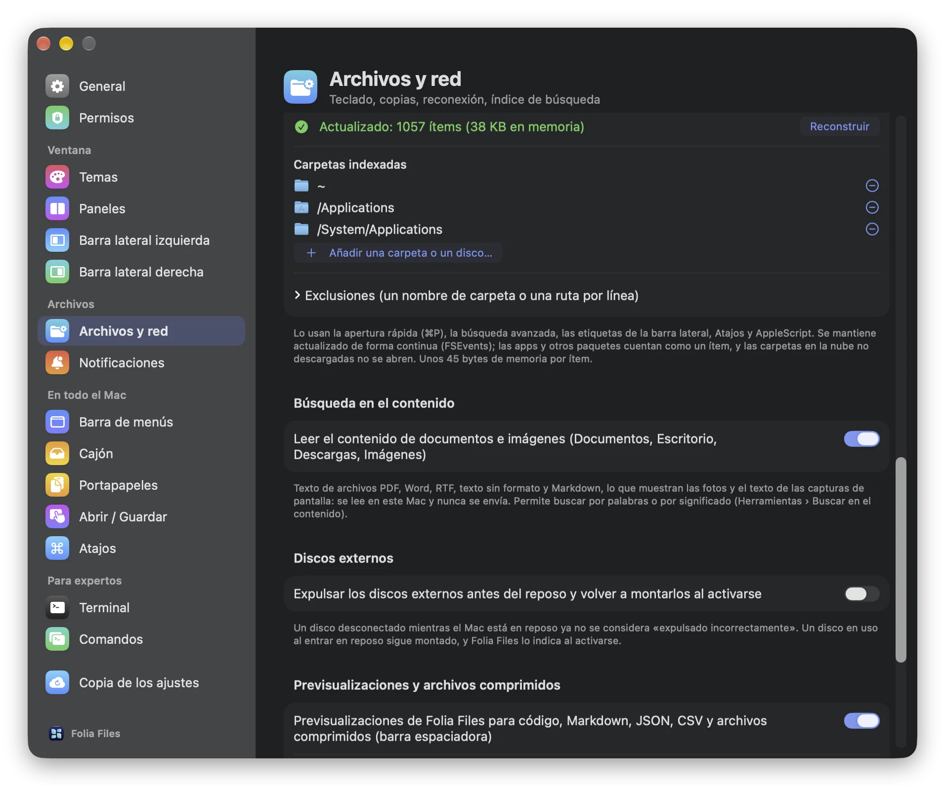 El ajuste Búsqueda en el contenido, en Ajustes › Archivos y red
