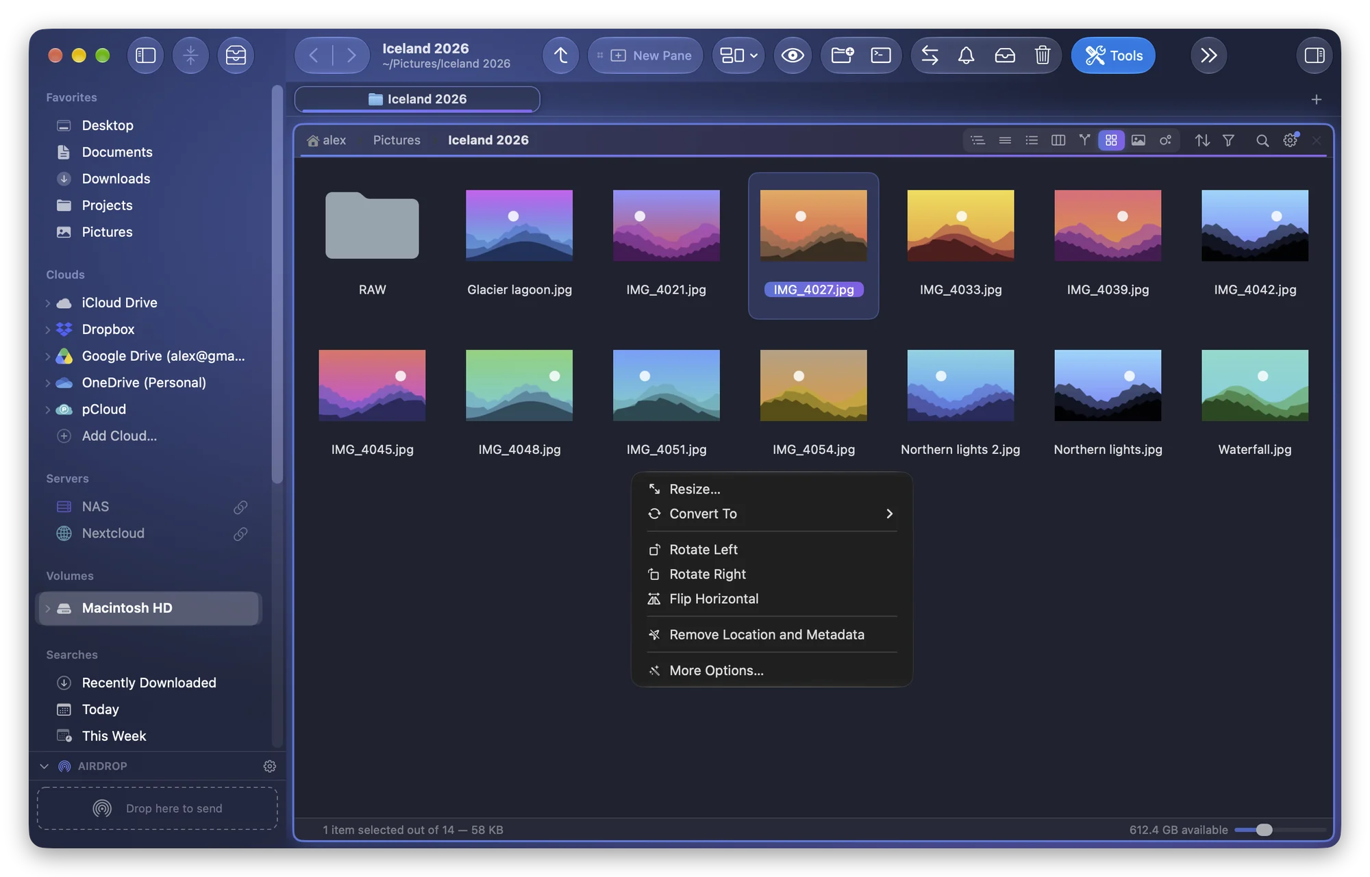 The Image submenu of a photo's right-click menu in Folia Files, with Remove Location and Metadata
