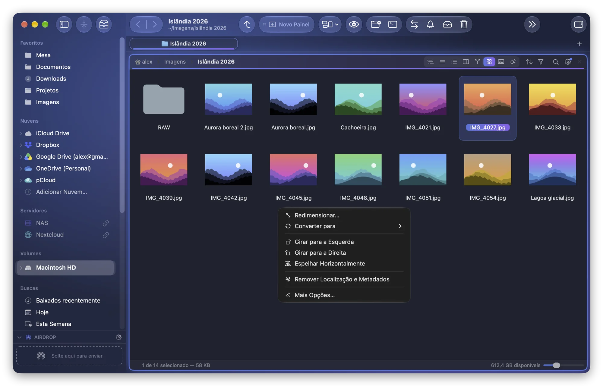 O submenu Imagem do clique direito numa foto no Folia Files, com Remover Localização e Metadados