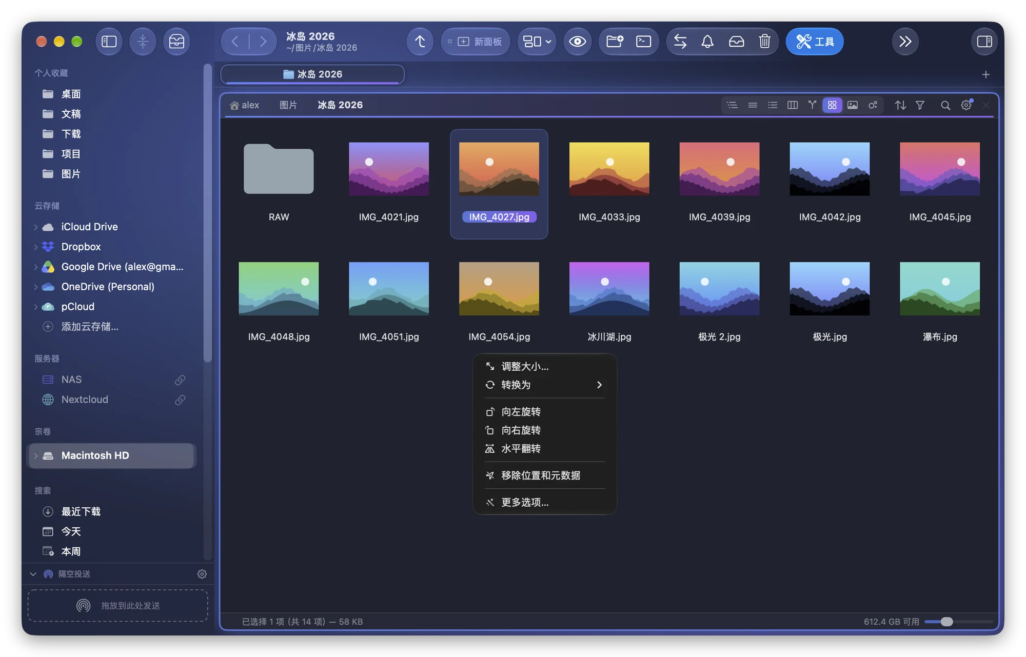 Folia Files 中照片右键菜单里的“图像”子菜单，以及“移除位置和元数据”