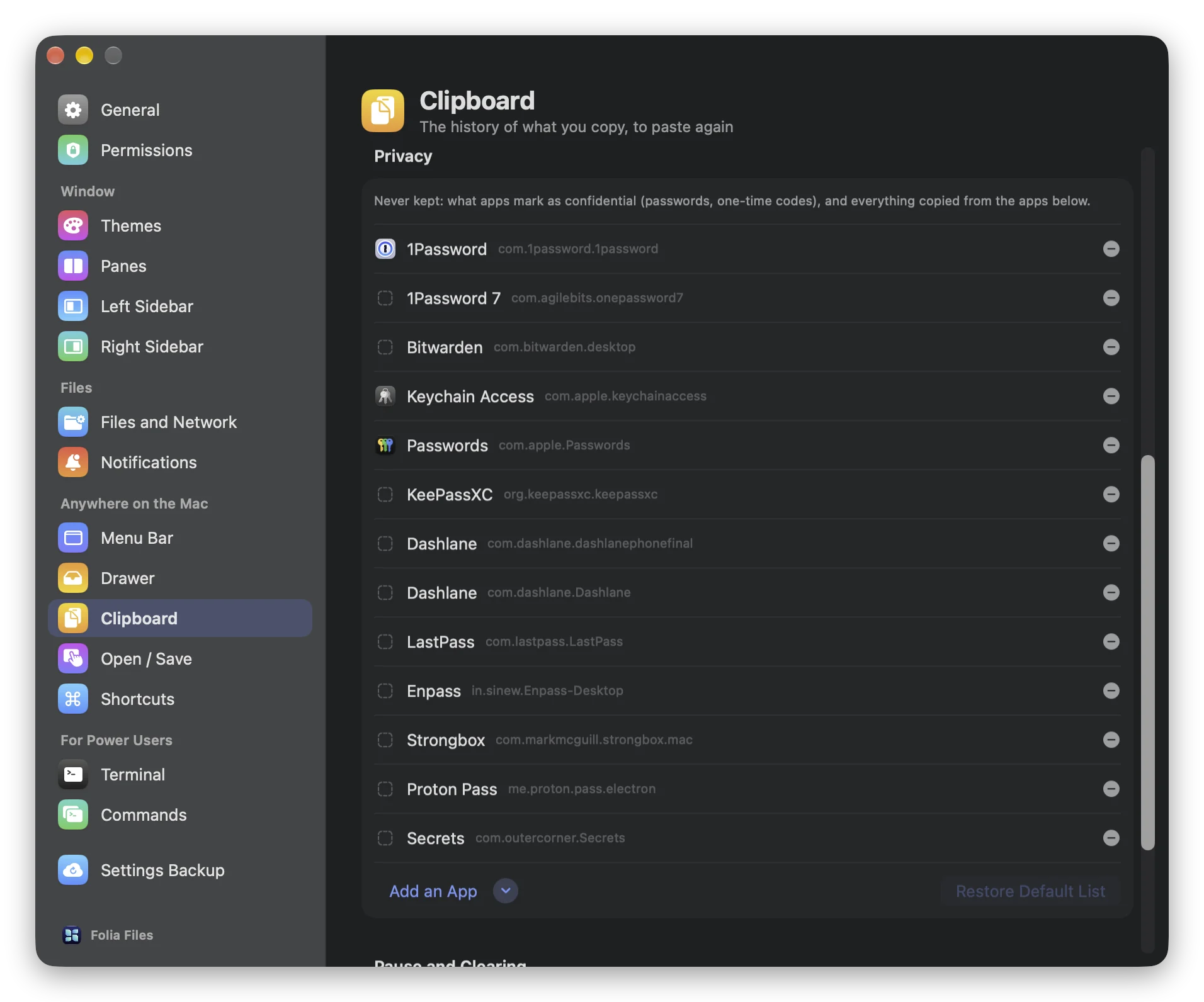 The Privacy section of Settings › Clipboard: password managers ignored by default, and the button to add another app