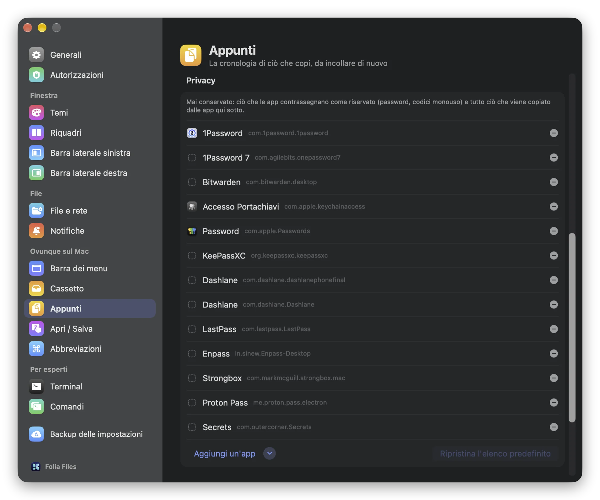 La sezione Privacy di Impostazioni › Appunti: gestori di password ignorati fin dall'inizio e il pulsante per aggiungere un'altra app