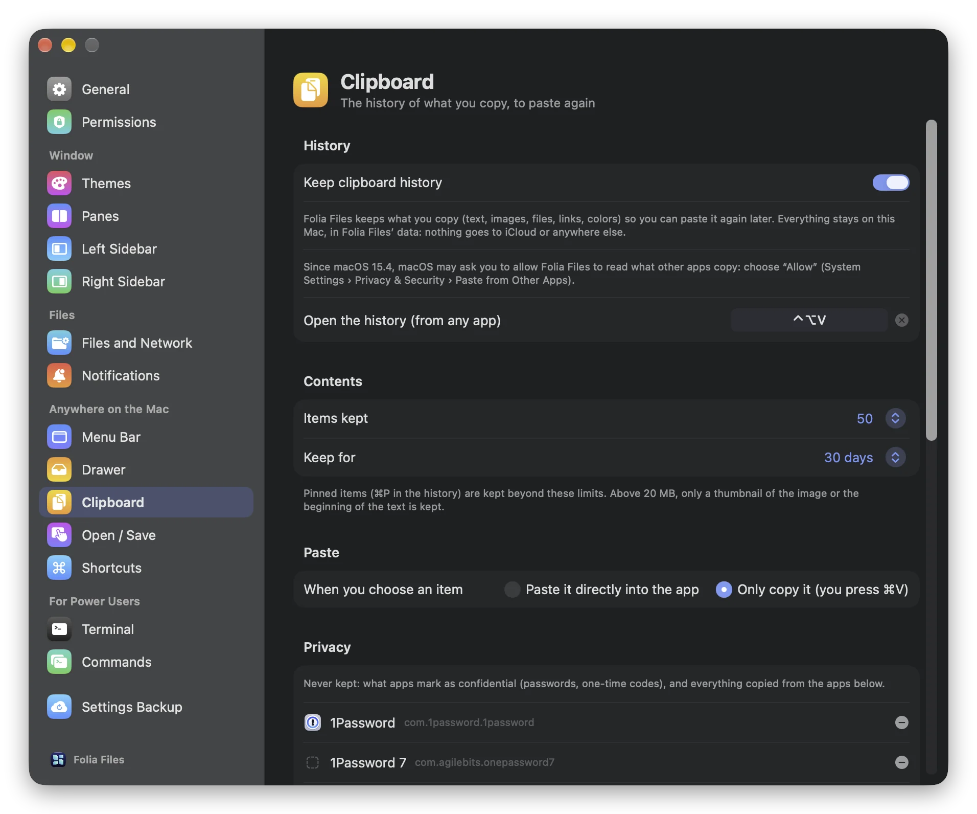 Settings › Clipboard in Folia Files: history turned on, the shortcut, the number of items kept, how long they are kept, and what happens when you choose an item