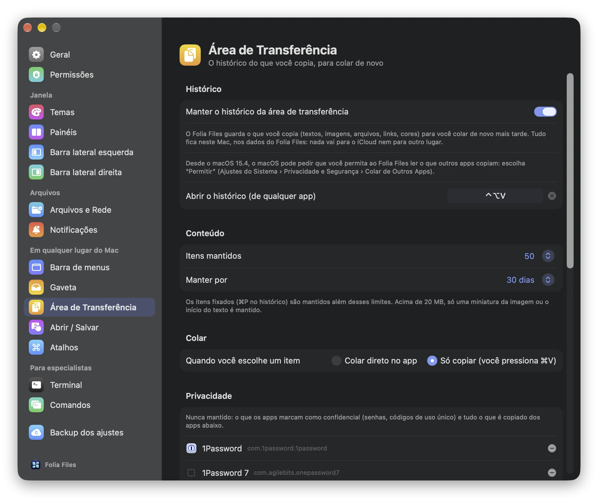 Ajustes › Área de Transferência no Folia Files: histórico ativado, o atalho, o número de itens mantidos, por quanto tempo e o que acontece ao escolher um item