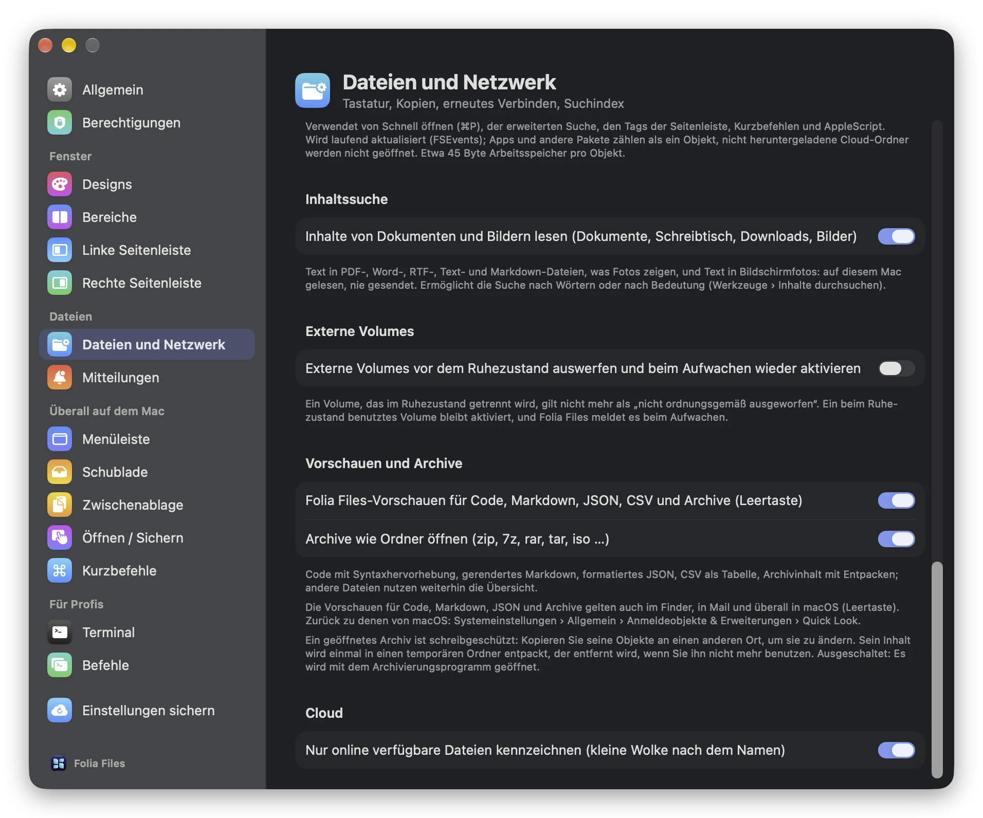 Einstellungen › Dateien und Netzwerk: der Schalter, der Archive wie Ordner öffnet